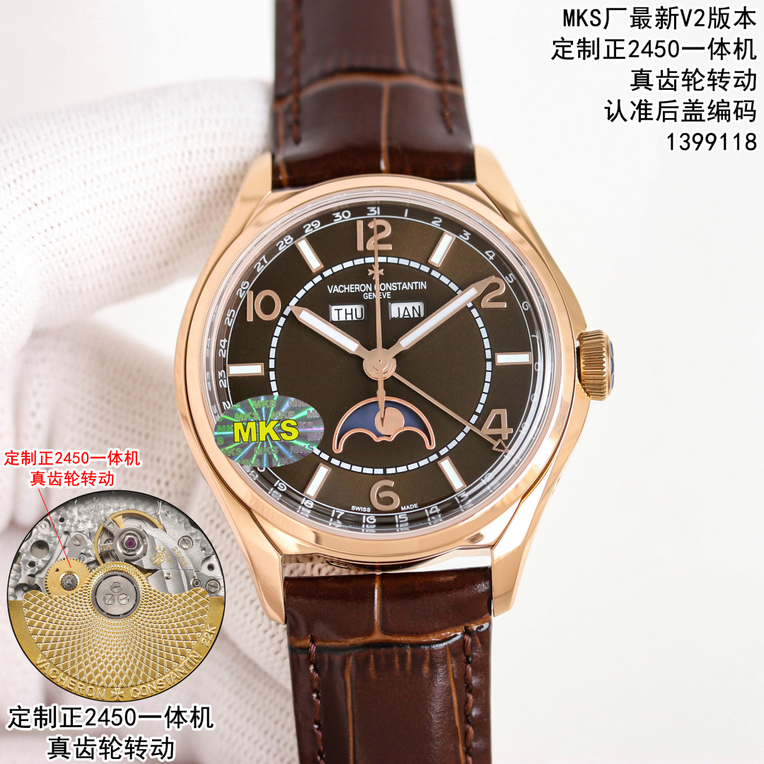 NO:742017,MKS Produced by MKS Factory, quality assurance, time-honored manufacturers, long-term accumulation, true 'core' masterpiece - [VC Vacheron Constantin Wu Luzhi type - FIFTYSIX full calendar series] MK1 watch, a true ultra-thin all-in-one machine, real gear rotation!  [Model] 4000E/000A-B/B439/B/B065 [Case] Size 40mm × 11.6mm, truly synchronous and original. The screw-in crown and the unique box-type sapphire crystal mirror improve wear resistance and durability while retaining the retro charm of the FIFTYSIX series. [Dial] Two rectangular windows at 12 o'clock.  , which can display the day of the week and the month respectively. The date display is located on the outer edge of the dial, and the 6 o'clock position is indicated by a blue pointer with an arrow, which is the moon phase display, which is composed of a blue night sky and a platinum moon. The scale ring is equipped with Arabic numerals and baton hour markers made of platinum, which complement the deep moon phase disk. [Movement] It took 18 months to strive for perfection at all costs, and was newly developed from 9015 to 2460.  The QCL/1 automatic winding movement perfectly corrects the shortcomings of other versions on the market. ① The position of the balance wheel is consistent with the original version; ② The positions and functions of all quick-adjustment buttons are completely consistent with the original product. ③ The calendar pointer and other positions are consistent with the original version and are hidden under the hour hand. The subtleties can be seen in the real details, and it is truly the only highest version on the market!  Watch code, 1399118. [Strap buckle] Checkered Italian imported calfskin strap, stainless steel folding buckle in the shape of a half Maltese cross, polished, showing low-key elegance. Ultra-thin super high-end watch, luxurious and exquisite. Recommend men's multi-functional mechanical watch. For the best luxury gift recommendation, please look for the exclusive quality of MKS factory, vacheron, cowhide19860909MKS 出品  MKS Factory 品质保证,认准老字号厂家,厚积薄发 真“芯”力作——【 VC 江诗丹顿 伍陆之型—FIFTYSIX全日历系列】MK1 腕表,真真正正的超薄一体机,真齿轮转动！【型号】4000E/000A-B/B439/B/B065【表壳】尺寸40mm×11.6mm,真正同步原装.旋入式表冠和造型独特的盒式蓝宝石水晶镜面,提升耐磨耐用性的同时,保留了FIFTYSIX伍陆之型系列的复古韵味.【表盘】12点钟位置两个矩形视窗,分别可以显示星期和月份.日期显示位于表盘外缘,由带箭头的烤蓝指针指示6点钟位置为月相显示,由蓝色的夜空和白金月亮组成.刻度圈配以白金材质的阿拉伯数字和棒状时标,与深邃的月相盘相映生辉.【机芯】不惜成本力求完美历时18个月,9015改全新研发2460 QCL/1自动上链机芯,完美修正市场其他版本的不足之处①摆轮位置与原版一致；②所有快调按键位置及功能均与正品完全一致.③日历指针等位与原版一致隐藏于时针之下.细微之处见真章,真正做到市场唯一最高版本！腕表编码,1399118.【表带扣】格纹意大利进口小牛皮表带,精钢折叠式表扣呈半马耳他十字造型,经抛光处理,尽显低调优雅.超薄超级高端腕表,奢华精致推荐男士多功能机械腕表 送礼最佳奢华推荐请认准MKS厂独家品质,,vacheron,cowhide,Watch