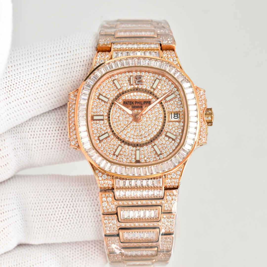NO:755039,Produced by GR, GR Factory spends a lot of money to create classic timepieces - Patek Philippe PP 7021 Women's Nautilus R69 Diamond-filled Limited Edition. Small arrival, limited supply (the whole body is made of eight hearts and eight arrows natural Opal rhinestones) Starry Nautilus series for women. Gift value travel convenient customized watch box. Watch: customized modified 324 S automatic one-piece winding mechanical movement, center large second hand. Dial: pavé diamonds, 3-digit calendar window, with 286 diamonds.  Case: Pavé-set with 518 diamonds, with sapphire crystal transparent cover. Waterproof coefficient 30 meters. Diameter 35.2mm. Bracelet: Made of 1,729 diamonds. The rare 'irregular snowflake diamond setting' process makes the watch even more dazzling. This process requires diamonds of various sizes to be inlaid and fixed in place, hiding traces of precious metals before each diamond as much as possible. Top with Nautilus 7021 Gypsophila, which is currently considered the most luxurious women's Nautilus.  No one should be able to refuse it. The whole body is inlaid with snowflake diamonds. Not only the dial, but also the strap are all inlaid with snowflake diamonds. In short, one word is 'sparkling' (white is white gold in a vacuum furnace, and rose is nano-rose gold in a vacuum furnace). GR boutique, watch friends are welcome to taste it, luxury and exquisite recommended ladies' mechanical watches. For the best luxury recommendations as gifts, please look for the exclusive quality of GR, patek philippe19860909GR 出品  GR Factory 重金打造经典时计——百达翡丽 PP 7021女士鹦鹉螺 R69 满钻限量款 少量到货,限量供应（全身采用八心八箭天然奥宝水钻）满天星鹦鹉螺系列 女 赠送价值旅行便捷定制手表表盒 腕表:定制改324 S自动一体上链机械机芯,中心大秒针 表盘:密镶钻,3字位显示日历窗口,拥有286颗钻 表壳:密镶拥有518颗钻,拥有蓝宝石水晶透盖.防水系数30米.直径35.2mm 表链:采用拥有1729钻采用罕见的“不规则雪花镶钻”工艺,令腕表更添耀眼光彩,这项工艺需要将大小各异的钻镶嵌并固定到位,尽可能隐匿每颗钻之前的贵金属痕迹. 顶配鹦鹉螺7021满天星 目前算是最奢华的女款鹦鹉螺 应该没有人能拒绝了它了吧 雪花镶钻全身 不仅是表盘,表带都是雪花镶钻总之一个字“闪”（白色为真空炉内白金,玫色为真空炉内纳米玫瑰金） GR精品,欢迎表友品鉴 ,奢华精致推荐女士机械腕表 送礼最佳奢华推荐请认准GR独家品质,,patek philippe,Watch