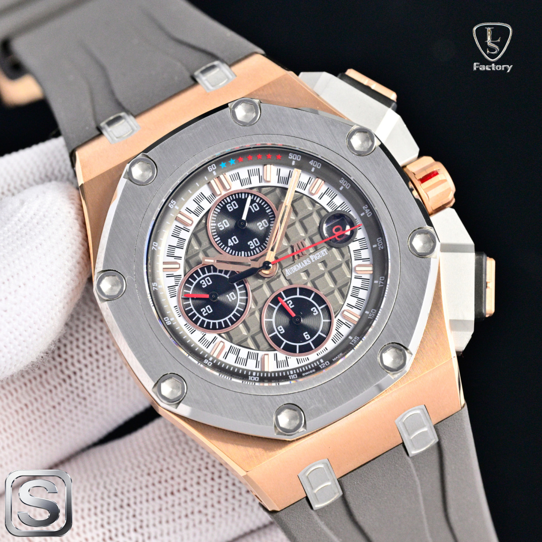NO:764410,L S Factory AP Audemars Piguet Michael Schumacher Royal Oak Offshore 26568PM.OO.A021CA.01 New upgraded version, the Michael Schumacher Royal Oak Offshore chronograph watch developed by Audemars Piguet uses a 44mm diameter. 1. The movement adopts Shanghai (12 small seconds) modified Cal.3126/movement, enlarged magnifying glass calendar, and the quality is more stable. 2. The case is made of Japan  Made of 316 stainless steel, the steel case is brighter and brighter (not ordinary 306 steel used in the market) 3. The mirror is made of sapphire glass 4. The strap is made of imported fluorine rubber tape, which is more comfortable to wear and feels better 5. The dial is upgraded, the dial pattern is slow-cut by CNC (not hydraulic type), the finished texture is clear, the iconic squares are now connected to each other by crosses, a multi-functional mechanical watch,,,audemars19860909L S Factory  爱彼 AP Audemars Piguet  迈克尔·舒马赫皇家橡树离岸型 26568PM.OO.A021CA.01 全新升级版, 爱彼研制的迈克尔·舒马赫皇家橡树离岸型计时腕表采用44mm的表径, 1, 机芯采用上海（12 小秒）改 Cal.3126/机芯,加大放大镜日历,质量更稳定. 2, 表壳采用日本 316 精钢打造,显示出钢壳更佳鲜亮（非市场用普通 306 钢） 3, 镜面采用蓝宝石玻璃镜面 4, 表带采用进口氟橡胶胶带,配带起来更加舒服,手感更好 5, 表盘升级,表盘纹路由CNC慢冼（非油压式）,成品纹路清晰,标志性的方形现在通过十字相互连接多功能机械腕表,,,audemars,Watch