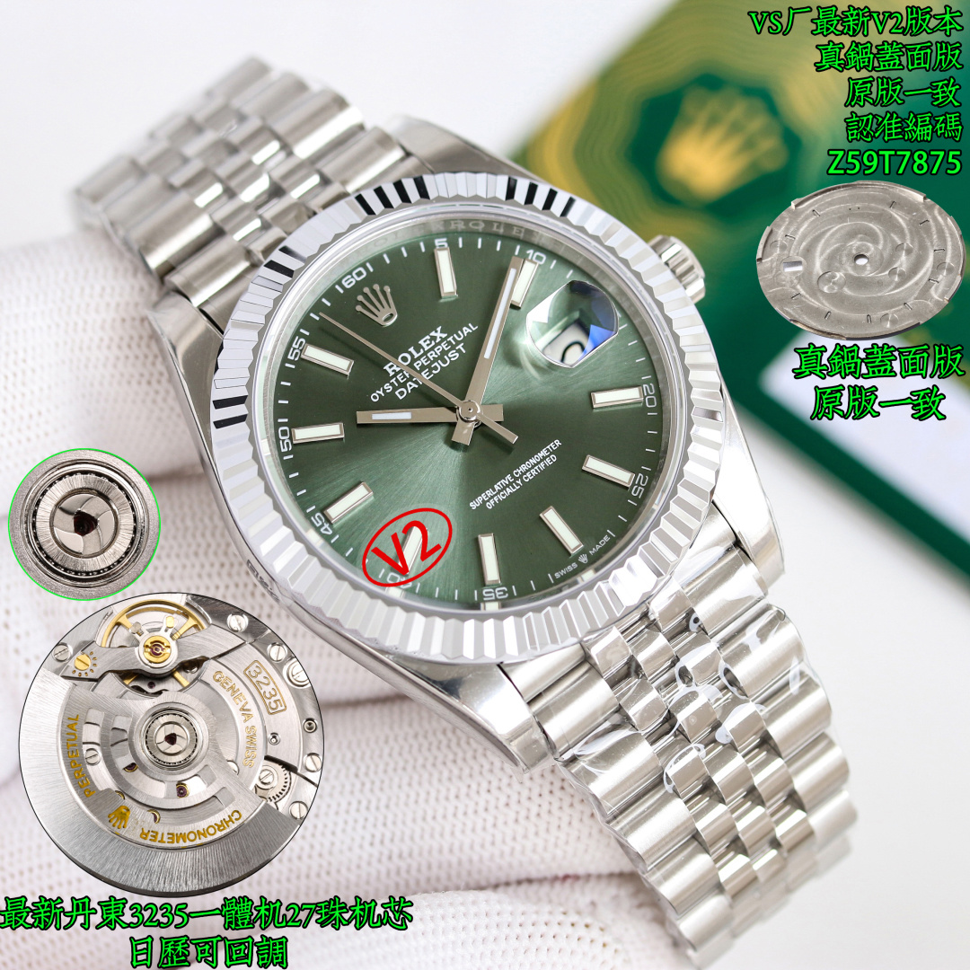 NO:764492,VS latest V2 version, Rolex/ROLEX Datejust Series 41mm, the latest technology, equipped with Dandong Zheng () all-in-one machine, the latest 27-ball ball movement, counter-adjustable hour hand, and calendar adjustment!  The only pair of layout nails, customized angular bevel nails, better grade, high-end customization, majestic, latest styles, latest new products, the highest cost performance, VS Rolex 126334 DATEJUST latest launch, popular style 41mm diameter log, quality assurance, choose it for logs, absolutely high-end atmosphere, giving you full confidence, watch code, Z59T7879, watch buckle code, ORV, 1: Equipped with 1:1  Super integrated movement, no card movement decoration, the movement is very stable, 2: The entire watch is made of 904L stainless steel / matched with ar factory steel strap to ensure that the side of the strap is not exposed, which is extremely difficult, high-end customization quality, and IP vacuum electroplating platinum tooth ring / free replacement for fading, the only matching size of the dog tooth ring!  3: The sun pattern on the dial is infinitely close to the original, especially the green one!  Mint green color matching!  4: The only calendar font in the market to match the version, and follow up to compare the authenticity of the fonts one by one from 1 to 31. 5: The only one to achieve luminous hands/luminous nails for the same color because they are all processed by third-party factories + self-purchased Swiss c1+c3 luminous powder 6: nails/crown mark nails  Full platinum electroplating treatment 7, latest version, quality assurance, please look for the latest log style of VS factory, watch code Z59T7875, the latest buckle code of the watch, ORV, VS latest back cover pattern label!  The most cost-effective style, popular style, timeless classic, high-end atmosphere, no white on the side of the strap, greatly improves the grade and gives enough face. Although VS does not have many styles, almost all models are high-quality. It completely solves most of the pain points of journals in the world. It is only born for the ultimate. VS-datejust Manabo cover version, Manabo cover version, Manabo cover version, the same as the original version, VS's only matching version mechanical watch,,,rolex19860909VS最新V2版本, 劳力士/ ROLEX 日志系列 41mm 最新技术,搭配丹东正()一体机,最新27粒滚珠机芯,逆调时针,可回调日历！唯一对版面钉,定制凌角斜边面钉,更佳上档次,高端定制,大气磅礴,最新款式,最新新品,最高性价比,VS劳力士126334 DATEJUST 最新推出,热门款式直径41mm日志 ,品质保证,日志就选择它,绝对高档大气,给足信心,腕表编码,Z59T7879,腕表表扣编码,ORV, 1:搭载 1:1 超级正一体机芯 ,无卡度机芯装饰 机芯及其稳定, 2:整表904L精钢 /搭配ar厂钢带 做到表带侧面不露白,难度极大,高端定制品质,以及ip真空电镀铂金牙圈 /掉色免费更换,狗牙圈唯一对版尺寸！ 3:表盘太阳纹无限接近原装 铽别是绿色！薄荷绿颜色对版！ 4:全市场唯一日历字体对版 后续1-31号挨个字体真假对比 5:唯一做到指针夜光/字钉夜光 做到同色 因为都是第三方工厂加工+自购瑞士 c1+c3夜光粉 6:字钉/皇冠唛头钉 全白金电镀处理7,最新版本,品质保证,请认准VS厂最新日志款式,腕表编码Z59T7875,腕表最新扣码,ORV,VS最新后盖图案标签！最高性价比款式,热门款式,永恒的经典,高端大气,表带侧面不露白,大大提高档次,给足面子, 虽然VS的款式不多 但是几乎款款均为精品 彻底解决世面上的大部分日志痛点,只为极致而生 VS-datejust真锅盖面版,真锅盖面版,真锅盖面版,原版一致,VS唯一对版版本机械腕表,,,rolex,Watch