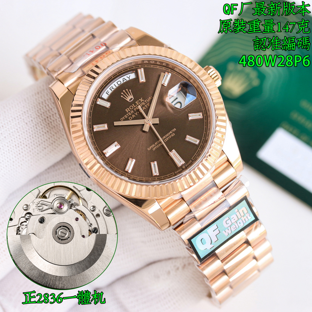 NO:821933,Produced by QF Factory QF Factory Rolex ROLEX MK1 Day Date 40mm Day Date Rock Sugar DD 1 with 2836 movement, stable and reliable quality; 2 consistent with the original thickness 11mm ultra-thin diameter 40mm [corrected for other versions on the market, the size and thickness are wrong, it is fake at first glance] 3 The dial is equipped with 18ct gold, inlaid with diamonds, inlaid with square diamonds, referred to as 'Rock Sugar Diamond' 4  One-piece middle case, screw-in bottom cover and winding crown; 5 top-notch workmanship, each strap fits perfectly with the lugs, giving the wrist the highest comfort; every ultimate detail is the sincerity of the factory's ingenuity!  Code 480W28 Luxurious and exquisite recommended men’s mechanical watch. The best luxury recommendation for gifts. Please look for QF exclusive quality, rolex19860909QF 出品  QF Factory 劳力士 ROLEX MK1 星期日志型40mm星期日历型冰糖DD 1搭配2836机芯,品质稳定可靠； 2与原装一致厚度11mm超薄表径40mm【修正市场其它版本不足,市场其它版本尺寸厚度不对,一眼假】 3表盘设有18ct金,镶钻石,镶方形钻石简称“冰糖钻” 4 一体成型中层表壳,旋入式底盖及上链表冠； 5顶级做工,每条表带与表耳完美契合,给予手腕最高的舒适度； 每个极致的细节都是工厂匠心开发的诚意！编码480W28 奢华精致推荐男士机械腕表 送礼最佳奢华推荐请认准QF独家品质,,rolex,Watch