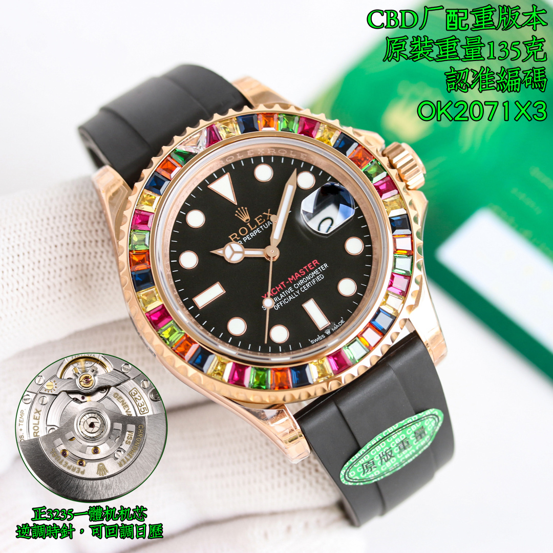 NO:821909,CBD produced CBD Factory new product, Rolex ROLEX MK1 yacht series counterweight version, original weight, latest style, yacht style, candy style, weight up to grams!  V2 version, new, new, new, best value for money, popular style, Rolex ROLEX Yacht-Master series T-shaped rock candy diamonds, jewelry-grade inlaid natural diamond craftsmanship 40mm rainbow yacht ①Correct the time setting direction, the movement adjusts the calendar counterclockwise, the calendar jumps instantly, consistent with the original version; ②Exclusively customized all-in-one machine movement, ultra-long 72-hour kinetic energy  ③ Upgrade the original substitute grade tape, the tape uses natural fluorine rubber tape, size, softness, material, feel, workmanship details, the new upgrade is synchronized with the original Vs factory, it must be fine, every extreme detail is the sincerity of ingenuity development, the button quick-adjust extension function, the same as the original; watch code 8G552352, watch buckle code 7CD, exquisite recommendation for men's mechanical watches, quality assurance, high quality, high quality!  Counterweight version, original weight, weighing up to grams. Luxurious and exquisite recommended men’s mechanical watch. Best luxury recommendation for gifts. Please look for CBD exclusive quality, rolex19860909CBD 出品  CBD Factory 新品,劳力士 ROLEX MK1 游艇系列 配重版本,原装重量,最新款式,游艇款式,糖果款式 重量高达克！V2版本,上新,上新,上新,最高性价比,热门款式, 劳力士 ROLEX 游艇名仕系列T型冰糖钻糖果钻,珠宝级镶嵌天然钻石工艺40mm彩虹游艇 ①修正调时方向,机芯逆时回调日历,日历瞬跳,与原版一致； ②独家定制一体机机芯,超长72小时动能 ③升级原版代用级别胶带,胶带使用天然氟橡胶带,尺寸,柔软度,材料,手感,做工细节,全新升级同步原装Vs厂出品,必然精品,每一个极致的细节都是匠心开发的诚意,扣子快调延伸功能,原版一致；腕表编码8G552352,腕表扣码7CD,精致推荐男士机械腕表 ,品质保证,高质量,高质量！配重版本,原装重量,重量高达克 奢华精致推荐男士机械腕表 送礼最佳奢华推荐请认准CBD独家品质,,rolex,Watch