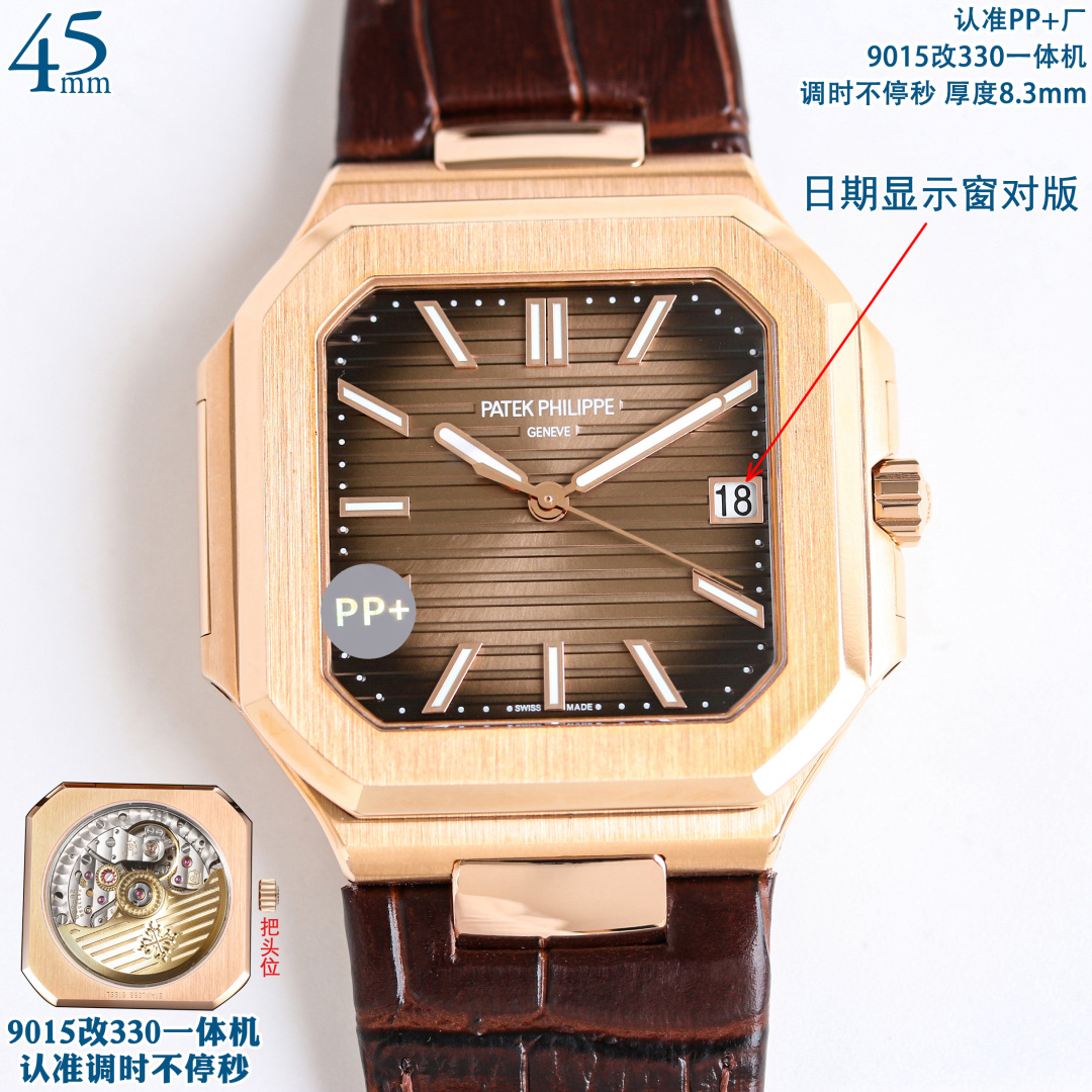 NO:822341,Produced by PP+, white case, rose gold, PPFactory adjusts the time in seconds, and looks for the correct version of the balance wheel movement, with a thickness of 8.3mm. Patek Philippe PP R69 launches a new series of CUBITUS 5821 leather strap watches, and you will receive customized tape when ordering the strap style, while supplies last, first come first served. Highlight Feature 1 Movement: Equipped with customized modified Cal.26-330  SC all-in-one machine, the time can be adjusted without stopping seconds, the time can be adjusted without stopping seconds, the position of the balance wheel is consistent with the original, automatic winding movement. 2 Steel belt: 316L customized ergonomic strap, new buckle style. 3 Case: size 45 mm and thickness only 8.3 mm, which is the diagonal length of the case (i.e. 10 o'clock to 4 o'clock). Because the case is approximately square, the width of the upper and lower sides will be less than this value, so the visual effect is not very great.  In terms of matching, 5821 is a sports-style watch that can be paired with formal and casual styles in daily life. Produced by PPFactory: Craftsmanship spirit, focus on quality, please pay attention to the exquisite details and recommend men's mechanical watches. For the best luxury gift recommendation, please pay attention to PP's exclusive quality, patek philippe19860909PP+ 出品 白壳 玫金  PPFactory调时不停秒,认准对版摆轮机芯,厚度8.3mm.百达翡丽 PP R69 重磅推出新系列CUBITUS 5821皮带腕表,皮带款式下单送定制胶带,送完为止,先到先得 亮点特色1机芯:搭载定制改Cal.26-330 SC一体机,调时不停秒,调时不停秒,摆轮位置均与正品一致,自动上链机芯.2钢带:316L定制级人体工程学表带,新扣款式.3表壳:尺寸45毫米厚度仅8.3mm,为表壳对角线长度(即10点位至4点位),因为表壳近似于方形,上下边的宽度会小于这一数值,所以视觉效果并不是很大. 搭配上,5821属于运动风格腕表,日常搭配正装和休闲风格也可以. PPFactory出品:匠工精神,专注品质,请认准细节精致推荐男士机械腕表 送礼最佳奢华推荐请认准PP独家品质,,patek philippe,Watch