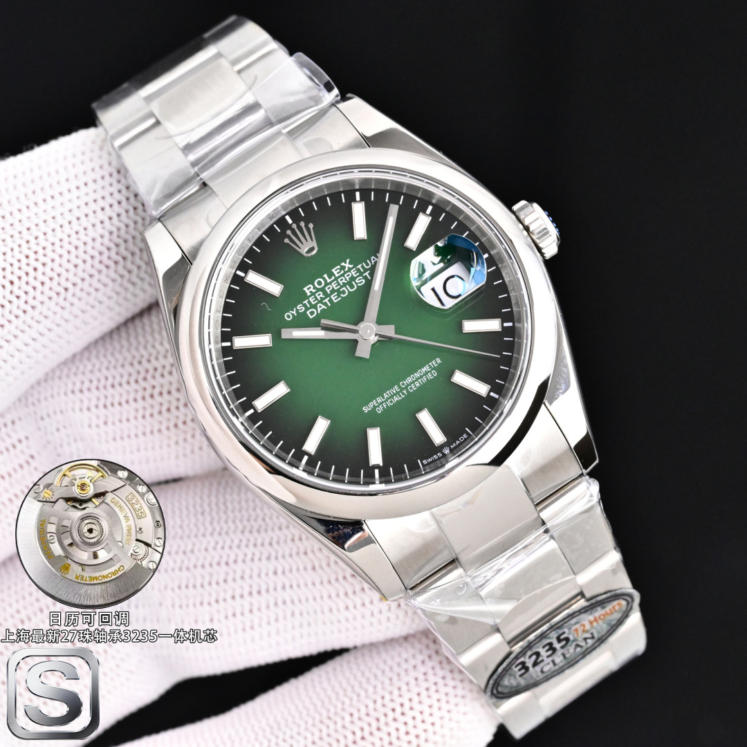 NO:820716,The latest style of factory C, clean factory, Rolex ROLEX log series 36mm, customized version with one watch and one code, ①: Equipped with 1:1 super '() integrated movement with 27 ball bearings,' adjustable calendar function, no card movement decoration, movement and stability ②: The entire watch is made of 904L stainless steel / matched with AR factory steel belt and IP vacuum electroplated platinum tooth ring / free replacement for fading, dog tooth ring is the only matching size!  ③: The sunray pattern on the dial is infinitely close to the original, especially green!  Mint green color matching!  ④: The only calendar font matching in the market. Follow up to compare the authenticity of the fonts one by one for numbers 1-31. ⑤: The only one that can achieve luminous hands/luminous nails with the same color because they are processed by third-party factories + self-purchased Swiss c1+c3 luminous powder. ⑥: nails/crown mark nails are fully platinum electroplated.  ⑦: The latest version, quality assurance, please make sure to clean, the latest log style, customize one watch, one code, watch code 6R87Y, make sure the latest buckle code is 'F6U', clean the latest back cover pattern label!  The most cost-effective mechanical watch,,,rolex19860909钻 C厂最新 款式 clean厂 劳力士 ROLEX 日志系列 36mm ,定制版一表一码, ①:搭载1:1超级“()一体机芯27珠轴承,”可回调日历功能,无卡度机芯装饰 机芯及其稳定 ②:整表904L精钢 /搭配ar厂钢带 以及ip真空电镀铂金牙圈 /掉色免费更换,狗牙圈唯一对版尺寸！ ③:表盘太阳纹无限接近原装 铽别是绿色！薄荷绿颜色对版！ ④:全市场唯一日历字体对版 后续1-31号挨个字体真假对比 ⑤:唯一做到指针夜光/字钉夜光 做到同色 因为都是第三方工厂加工+自购瑞士 c1+c3夜光粉 ⑥:字钉/皇冠唛头钉 全白金电镀处理 ⑦:最新版本,品质保证,请认准clean,最新日志款式,定制一表一码,腕表编码6R87Y腕表,认准最新表扣编码为“F6U”,clean最新后盖图案标签！最高性价比机械腕表 ,,,rolex,Watch