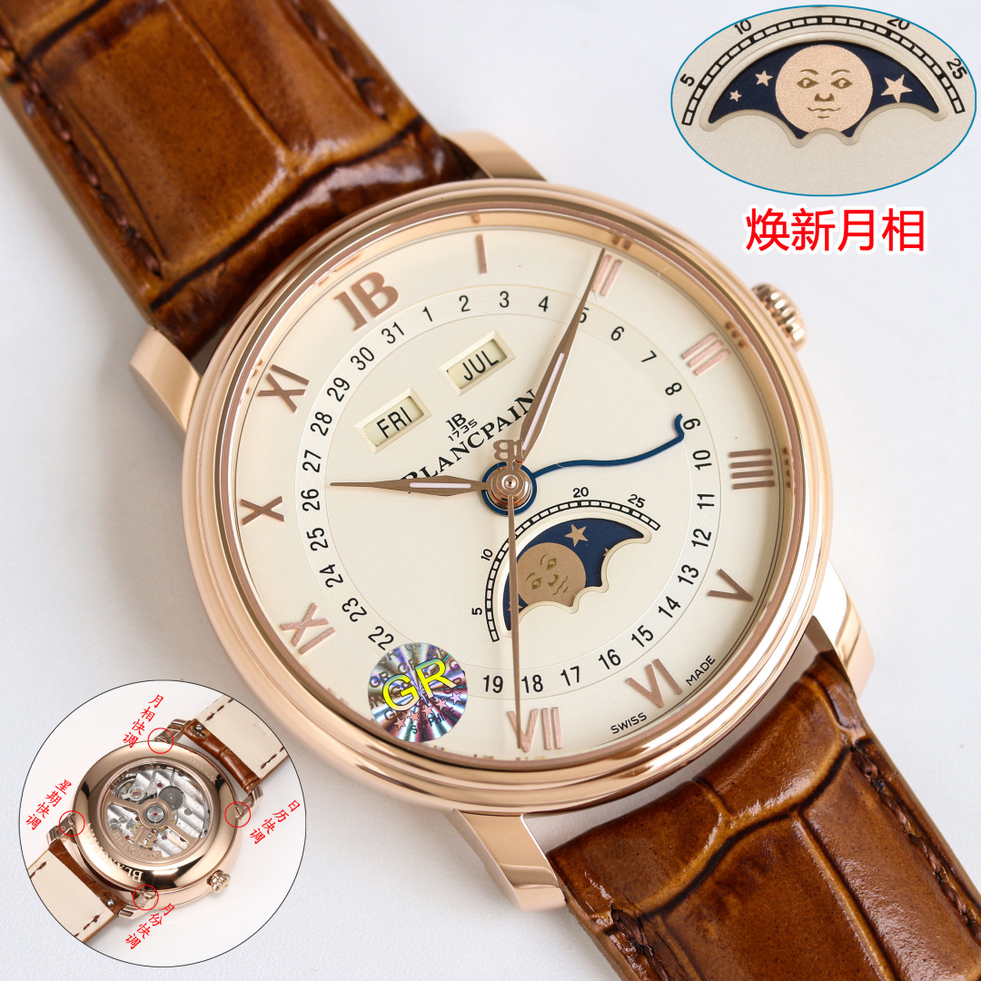 NO:858963,Produced by GR, the white shell and gold shell are classics that will never go out of style and will only come back again and again!  GR Factory's new product Blancpain  Equipped with the 6654.5 self-winding movement, the power reserve is up to 48 hours, the new hollow gold automatic rotor, the four-way hidden adjustment buttons are cleverly integrated into the lugs, taking into account both convenient operation and aesthetic balance. Blancpain's moon phase face was once talked about by watch friends, and the playful little face has the same effect as the emoji expression.  It is not only a tool to record time, but also an art treasure on the wrist, highlighting the noble temperament of the wearer. Whether it is business or leisure occasions, it can become the focus of luxury and exquisite recommendation. Men’s multifunctional mechanical watch is recommended as a gift. The best luxury recommendation, please look for the exclusive quality of GR factory.19860909GR 出品 白壳 金壳  经典不会过时,只会不断重来！ GR Factory新品 宝珀 XB1 经典新V系列全历月相腕表6654N 1阶梯式表壳,简约中有立体感,表径40 2 盘面细节焕新12点用宝珀JB替代罗马字,刻度变成直线形打磨,更符合现代人审美 3全新夜光指针、logo大秒针、蓝钢日历针,三者各司其职,11点位与1点位窗口,显示星期与月份. 搭载6654.5自动上链机芯,动力储存长达48小时,全新镂空金质自动陀,四方位隐藏式调校按钮巧妙融入表耳,兼顾便捷操作与美学平衡,宝珀的月相脸一度被表友们津津乐道,俏皮小脸与emoji表情有异曲同工之妙. 它不仅是记录时间的工具,更是腕间的艺术珍品,彰显佩戴者的尊贵气质,无论商务还是休闲场合,都能成为焦点奢华精致推荐男士多功能机械腕表送礼最佳奢华推荐请认准GR厂独家品质,,Watch