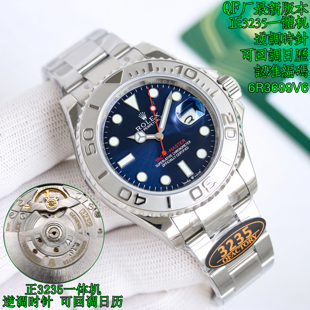 NO:882033,The QF Factory Rolex ROLEX Mk1 Yacht-Master watch is produced by QF. This model has a tough and attractive temperament. It is equipped with a two-way rotating outer ring, a triple lock crown and an Oyster strap to meet the strict requirements of watch lovers. It is 40mm in diameter!  Model 126622 series watch code is 6R3699V6, the buckle code should be correct E4F [Ring mouth] QF exclusively uses original raw materials and one-piece molding process to create the ultimate version of the ring mouth, no matter the color and texture are the same as the original [Literal] The same pot lid literal as the original, no face foot design  , finely polished hands, BGW9 luminous filling material imported from Switzerland, high brightness, more durable. [Movement] Years of watchmaking experience have accumulated the strongest integrated movement in the market, with counter-clockwise calendar adjustment, the appearance and function are fully comparable to the original ones, accurate travel time, stable quality, it can be called the strongest in the market. [Strap] The highest version in the market.  904L steel band and case, the best experience and feel!  Make sure the watch code is 6R3699V6. Make sure it is produced by QF factory. Actual photos of shipments. Luxurious and exquisite men’s mechanical watches are recommended. The best luxury recommendations for gifts. Please make sure QF exclusive quality, rolex.19860909QF 出品  QF Factory 劳力士 ROLEX Mk1 游艇名仕型腕表,该款气质既硬朗动人.配备双向旋转外圈、三重扣锁表冠及蚝式表带,满足表友的严苛要求,40mm直径！型号126622系列腕表编码6R3699V6,扣码认准E4F【圈口】QF独家采用原厂原材料和一体成型工艺打造终极版本圈口,无论颜色和色泽质感均与原装无异【字面】和原装一样的锅盖字面,无面脚设计,精细打磨指针,瑞士进口BGW9夜光填充材料,亮度高,更持久.【机芯】多年制表经验沉淀出市场最强一体机芯,逆时调历,外观和功能全面对标原装,走时精准,质量稳定,堪称市场最强.【表带】市场最高版本 904L钢带和表壳,最佳的使用体验和手感！认准腕表编码6R3699V6 认准QF厂出品,出货实拍 奢华精致推荐男士机械腕表 送礼最佳奢华推荐请认准QF独家品质,,rolex,Watch