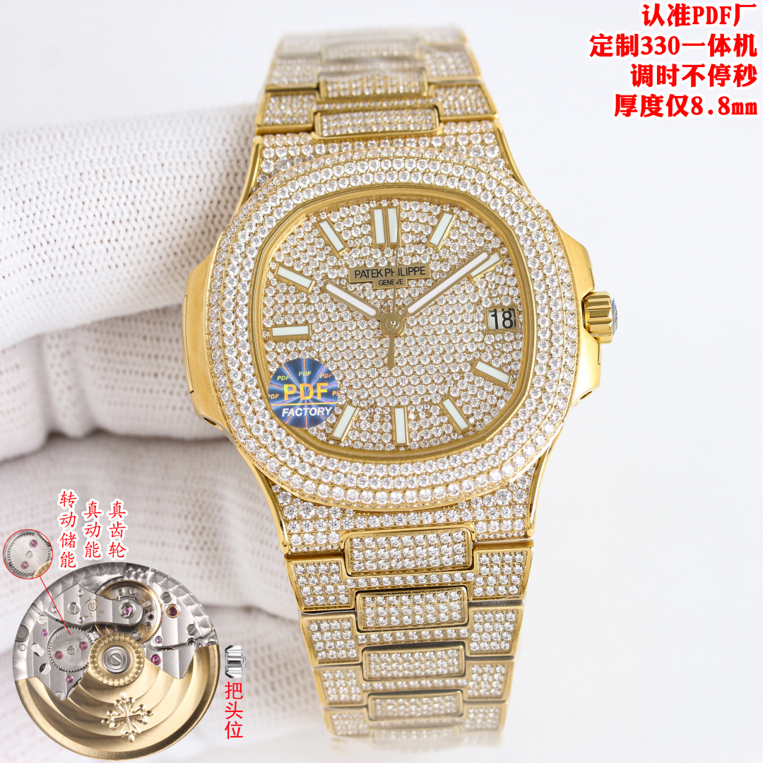 NO:882027,Produced by PDF, flat price PDF Factory Starry sky is coming!  Patek Philippe R69 Nautilus 5719 series top full diamond watch, size 40mm  The case is inlaid with 100 eight-star and eight-arrow top fire rhinestones, and the bezel is inlaid with 32 long T-shaped diamonds, emeralds, sapphires, and rubies. The bracelet is inlaid with 803 eight-star and eight-arrow top fire rhinestones and 150 long-shaped T-square diamonds. The dial is inlaid with 255 eight-star and eight-arrow top fire rhinestones and 3 long T-shaped diamonds. The hour markers are emeralds, sapphires, and rubies. PDF Factory  Invite you to appreciate the ultimate luxury Nautilus, which will make you look like a king. Exquisitely recommended men's mechanical watches, Gypsophila series. For the best luxury recommendations for gift giving, please look for the exclusive quality of PDF, patek philippe, gold.19860909PDF 出品 统一价 PDF Factory 满天星来袭！ 百达翡丽 PATEK PHILIPPE R69 Nautilus 5719系列顶配满钻腕表 尺寸40mmX8.7mm 机芯独家定制26-330一体自动上链机芯,调时不止秒及可动上链轮 整表均采用316L精钢CNC精雕加工后电镀白金,黄金,玫瑰金 满天星鹦鹉螺 表壳镶嵌100颗八星八箭顶级火彩水钻,圈口32颗长形T方钻祖母绿,蓝宝石,红宝石 表链工字珠镶嵌803颗八星八箭顶级火彩水钻及150颗长形T方钻 表盘镶嵌255颗八星八箭顶级火彩水钻及3颗长形T钻时标祖母绿,蓝宝石,红宝石 PDF Factory 邀您共鉴极致奢华的顶配鹦鹉螺,让您佩戴尽显王者风范 精致推荐男士机械腕表 满天星系列 送礼最佳奢华推荐请认准PDF独家品质,,patek philippe,gold,Watch
