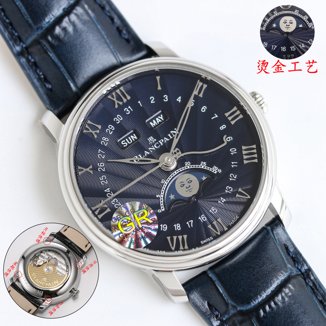 NO:882314,GR Produced by GR Factory New Product Blancpain JB  3 hollow willow leaf hands, large logo second hand, and blue steel calendar hand, all three perform their own duties. The 11 o'clock and 1 o'clock windows display the day of the week and the month. It is equipped with a 6654.5 automatic winding movement with a power reserve of up to 72 hours. The four-way hidden adjustment buttons are cleverly integrated into the watch lugs, taking into account both convenient operation and aesthetic balance. Blancpain's moon phase face was once talked about by watch friends. The playful little face has the same effect as the emoji expression.  It is not only a tool to record time, but also an art treasure on the wrist, highlighting the noble temperament of the wearer. It can become the focus of attention in both business and leisure occasions. Luxurious and exquisite recommended men's multi-functional mechanical watch. For the best luxury gift recommendation, please look for the exclusive quality of GR factory.19860909GR 出品  GR Factory 新品 宝珀 JB XB1 经典V系列6654全历月相腕表 1阶梯式表壳,简约中有立体感,表径40mm 2素雅表盘,同心圆布局清晰易读,外围罗马字立体时标,内圆日历指示； 3镂空柳叶针、logo大秒针、蓝钢日历针,三者各司其职,11点位与1点位窗口,显示星期与月份搭载6654.5自动上链机芯,动力储存长达72小时,四方位隐藏式调校按钮巧妙融入表耳,兼顾便捷操作与美学平衡,宝珀的月相脸一度被表友们津津乐道,俏皮小脸与emoji表情有异曲同工之妙. 它不仅是记录时间的工具,更是腕间的艺术珍品,彰显佩戴者的尊贵气质,无论商务还是休闲场合,都能成为焦点 奢华精致推荐男士多功能机械腕表 送礼最佳奢华推荐请认准GR厂独家品质,,Watch