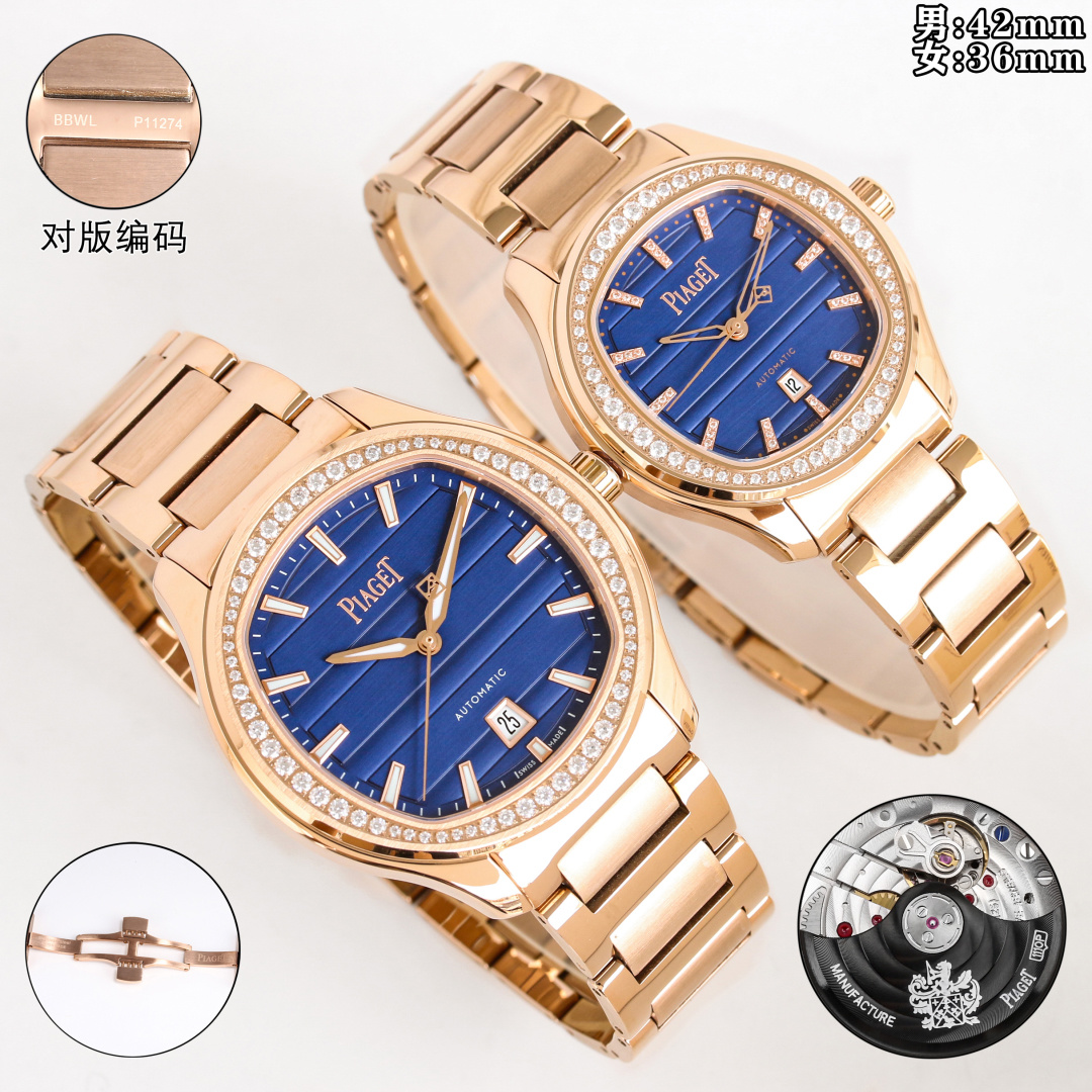 NO:924474,Gold Diamond T W Piaget Ultra-Thin PIAGET POLO Series Couple's Watch, Known as the Little Nautilus!  (Piaget Steel King) An elegant sports watch that can be used for business or sports and leisure. Welcome to compare the details: 1. Equipped with a customized version of the 1110P automatic winding movement, with a power reserve of 50 hours. The 2316L I-shaped belt is equipped with a horizontal brushed pattern bead to echo the shape of the case 'a circle in a square, a square in a circle'. The original double snap buckle is printed with the Piaget logo, and the steel belt headband is printed with BBWL 4 for men and PMBB for women.  5 Pay attention to the details 3 Watch size: 42mm/9.3mm for men and 36mm/9.1mm for women. The size and thickness are consistent with the original product. 4 The watch mirror has double-sided anti-glare sapphire crystal glass. The simple three-hand needle with 6 o'clock calendar is elegant and suitable for any occasion. The high-end watch full of sunshine charm is paired with a polished and matte polished stainless steel bracelet, which perfectly matches the pillow-shaped dial of the round case with beautiful outline.  TW Piaget polo series men's and women's mechanical watches,,,piaget19860909金 钻 T W 伯爵 超薄PIAGET POLO系列 情侣对表,人称小鹦鹉螺！(伯爵钢王)一款优雅的运动腕表,可商务亦可运动休闲.欢迎对比细节: 1搭载定制版改1110P自动上链机芯,拥有50个小时的动力储存. 2316L工字带搭配横向拉丝纹中珠呼应表壳“方中带圆,圆中带方”的造型,原装双按扣印有伯爵logo字样,钢带头粒两侧印有男款BBWL 4,女款PMBB 5认准细节 3腕表尺寸:男款42mm/9.3mm 女款36mm/9.1mm.尺寸厚度均与正品一致.4表镜双面防眩目蓝宝石水晶玻璃. 简约大三针带6点位日历,上手优雅大气,适合于任何场合佩戴,充满阳光魅力的高级腕表搭配经抛光及雾面打磨的精钢表链,与轮廓优美的圆形表壳枕型表盘完美契合. TW伯爵polo系列男女机械腕表,,,piaget,Watch