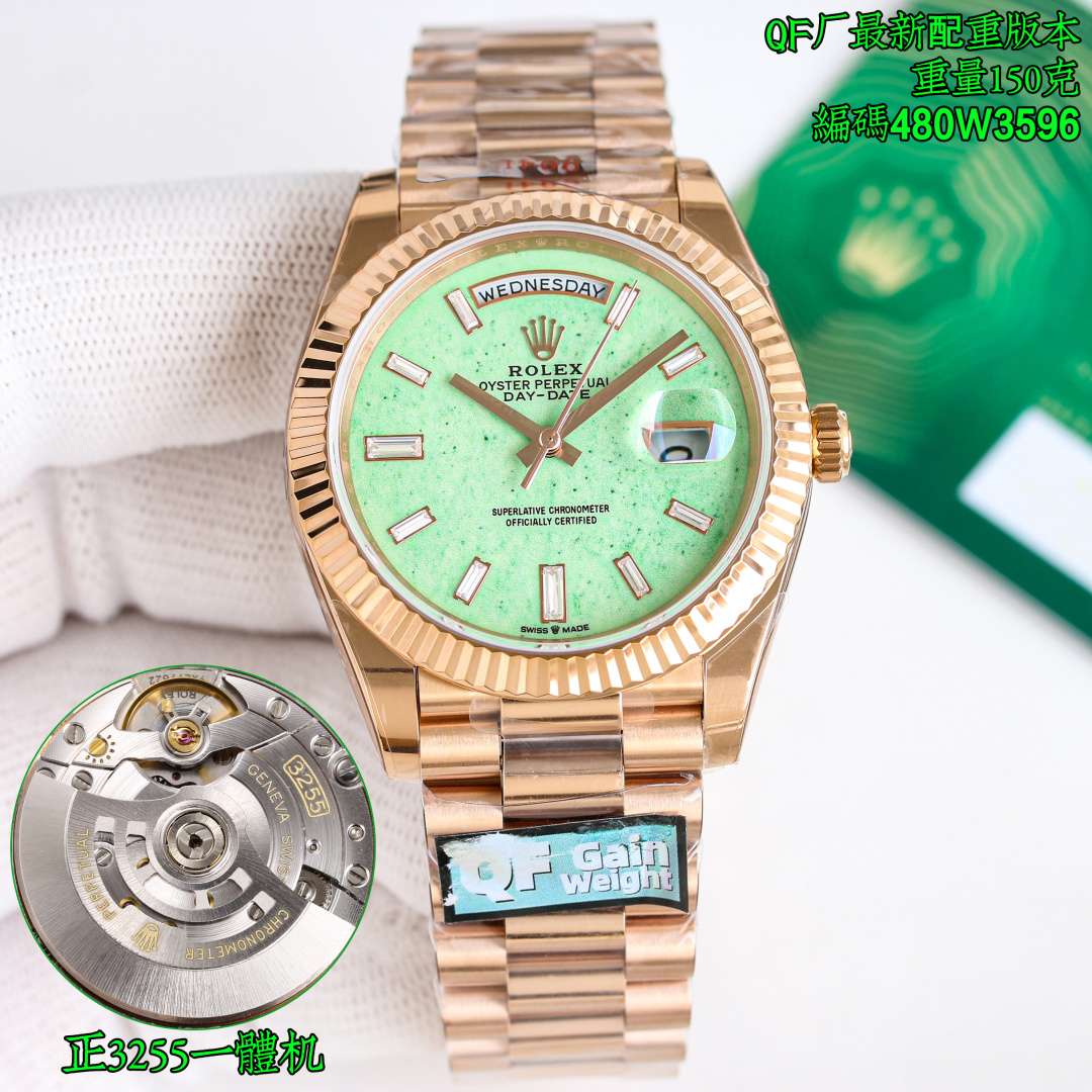 NO:924525,QF latest style, Rolex ROLEX Day-Date 40mm Day-Date Rock Candy DD, 1 equipped with an all-in-one movement, stable and reliable quality; 2 consistent with the original thickness of 11mm ultra-thin watch diameter 40mm 3 dial set with 18ct gold, inlaid with diamonds, set with square diamonds referred to as 'Rock Candy' 4 one-piece middle case, screw-in bottom cover and winding crown;  5 Top-notch workmanship, each strap fits perfectly with the lugs, giving the wrist the highest comfort; every extreme detail is the sincerity of the factory's ingenuity!  Exclusive quality watch code 480W35/mechanical watch, rolex19860909QF 最新款式, 劳力士 ROLEX 星期日志型40mm星期日历型冰糖DD , 1搭配一体机机芯,品质稳定可靠； 2与原装一致厚度11mm超薄表径40mm 3表盘设有18ct金,镶钻石,镶方形钻石简称“冰糖钻” 4 一体成型中层表壳,旋入式底盖及上链表冠； 5顶级做工,每条表带与表耳完美契合,给予手腕最高的舒适度； 每个极致的细节都是工厂匠心开发的诚意！独家品质 腕表编码480W35/机械腕表,,rolex,Watch