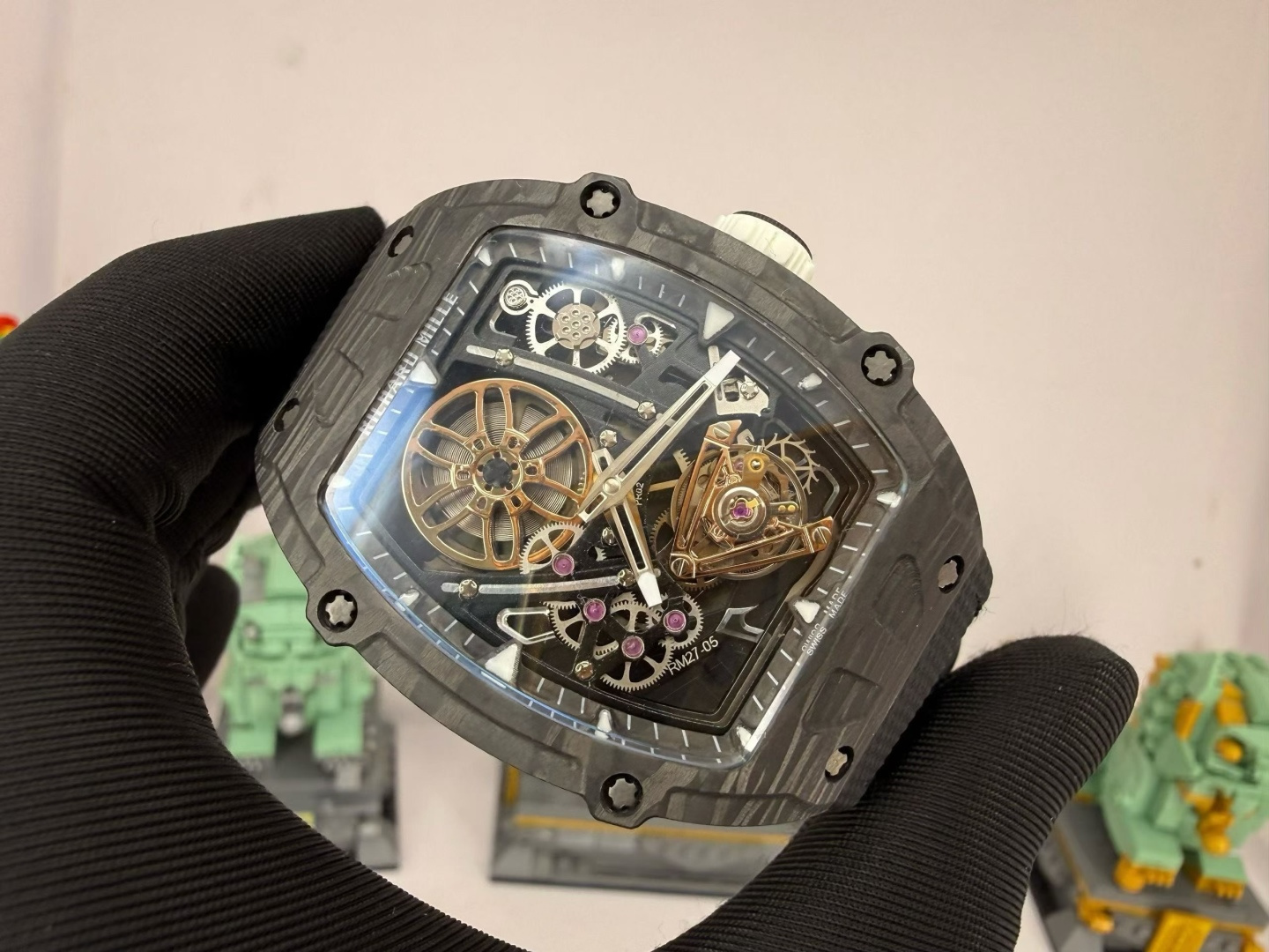 NO:944255,13500 Modified RM27-05, the final model of the Richard/Tennis legend Rafael Nadal collaboration series, limited to 80 pieces worldwide, suspended sports tourbillon, racing wheel hub style gear, black ntt carbon fiber true flywheel mechanical watch,,1986090913500 改装RM27-05 理查德 / 网球传奇纳达尔（Rafael Nadal）合作系列收官款 全球限量仅80枚,悬浮运动陀飞轮 赛车轮毂造型齿轮 黑色ntt碳纤维真飞轮机械腕表,,,Watch