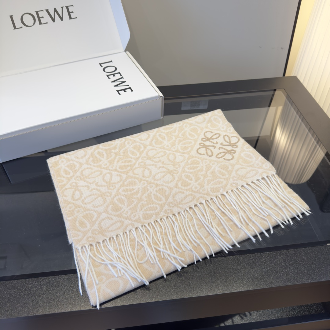 Loewe 罗意威LOEWE2025最新款最火围巾 双面羊毛和羊绒围巾 点缀双色格纹 Anagram 缇花图案