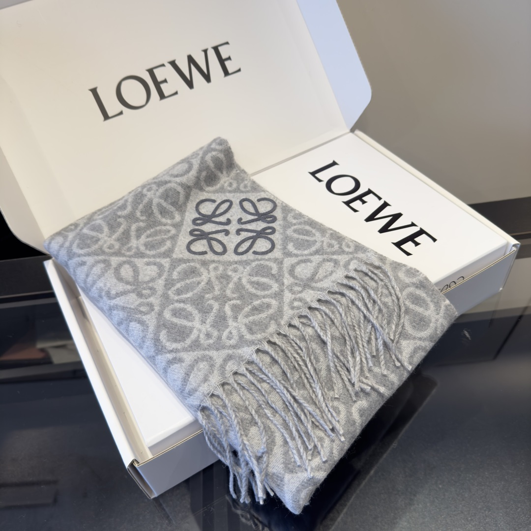 Loewe 罗意威LOEWE2025最新款最火围巾 双面羊毛和羊绒围巾 点缀双色格纹 Anagram 缇花图案