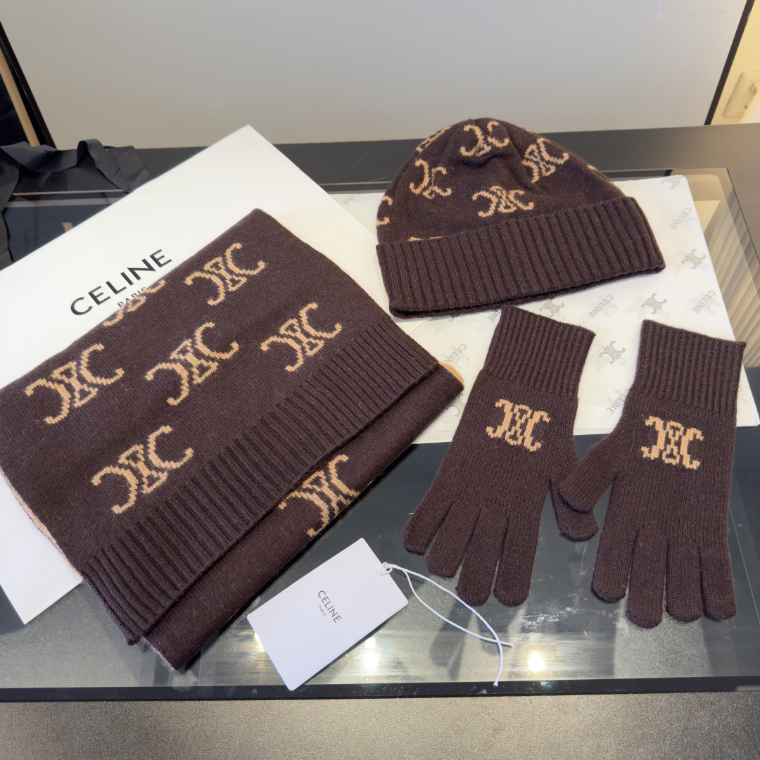 Celine Celine赛琳三件套装秋冬款翻边羊毛针织毛线帽