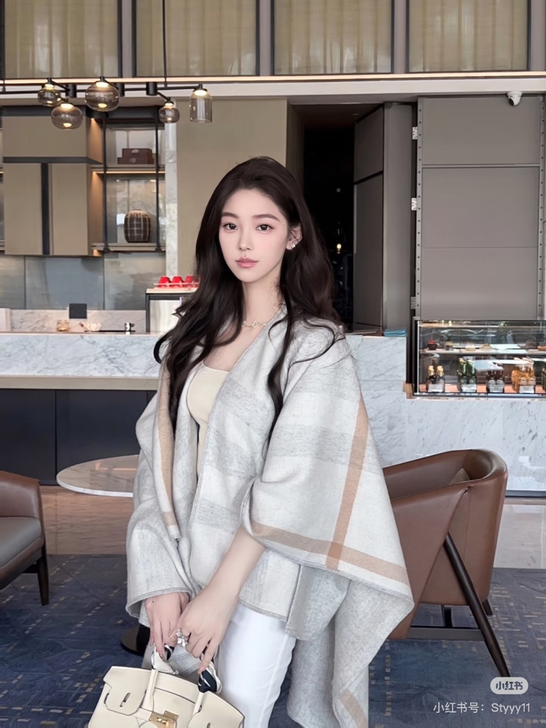 Elegant Burberry Inspired Double-Sided Cashmere Blend Plaid Cape Shawl