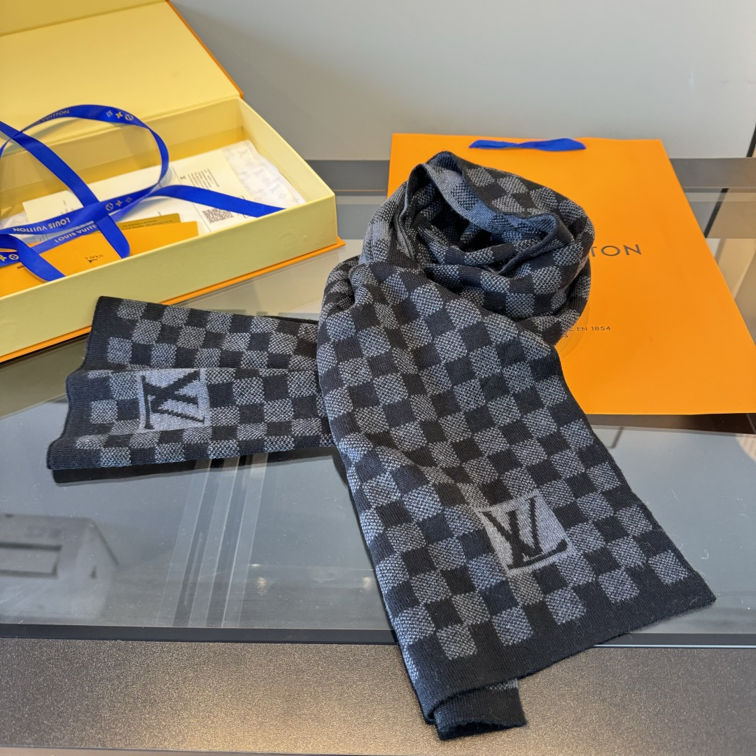 Louis Vuitton 棋盘格黑色 重磅回归‼ 男款 到货 男款「Petit Damier男士羊毛 羊绒长巾」 方格