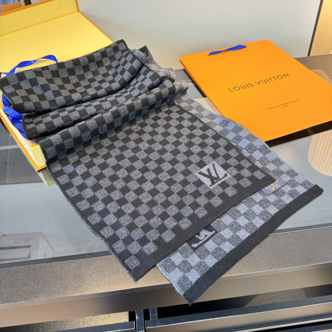 Louis Vuitton 棋盘格黑色 重磅回归‼ 男款 到货 男款「Petit Damier男士羊毛 羊绒长巾」 方格