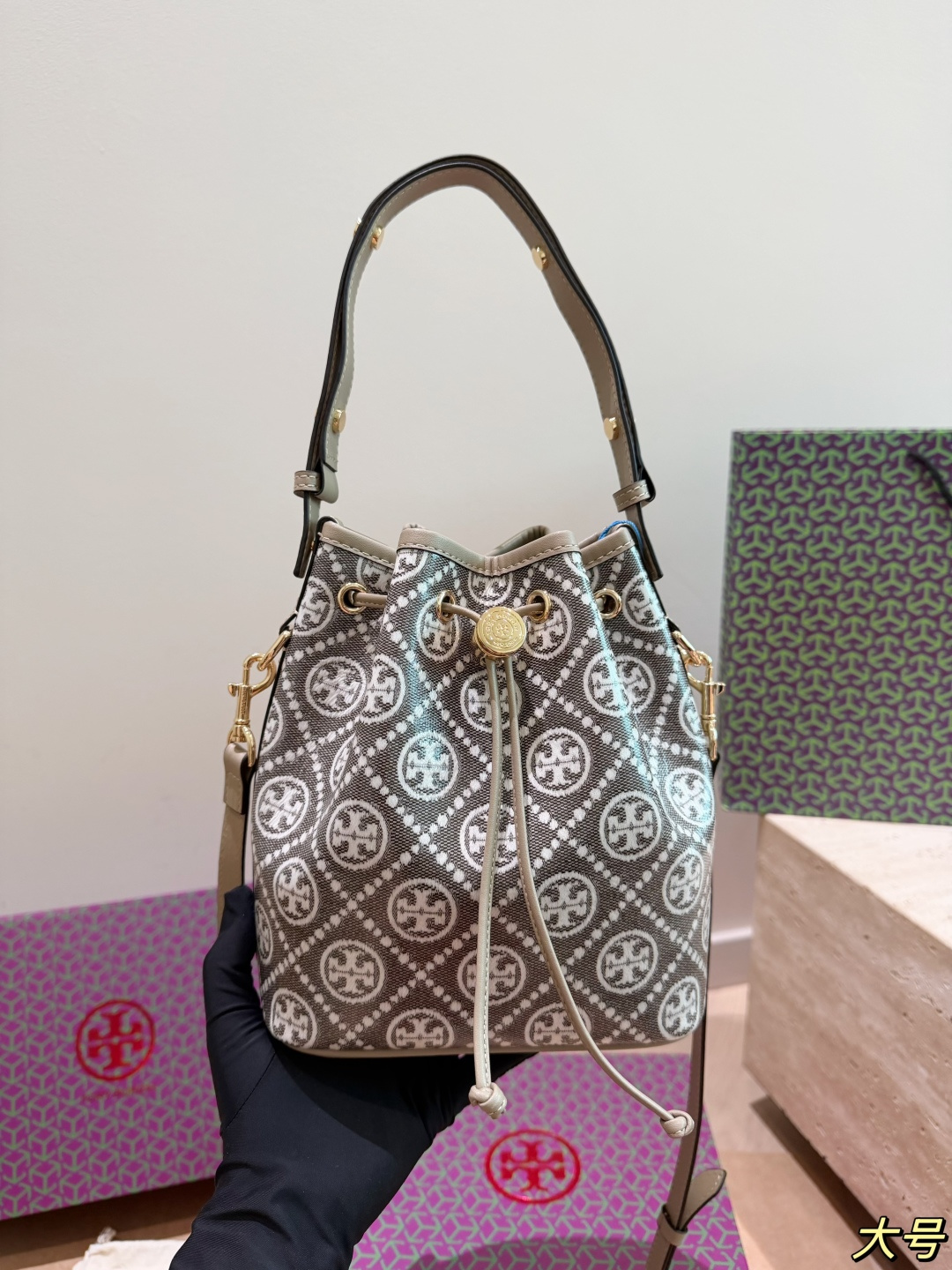 Tory Burch Monogram Drawstring Bucket Bag