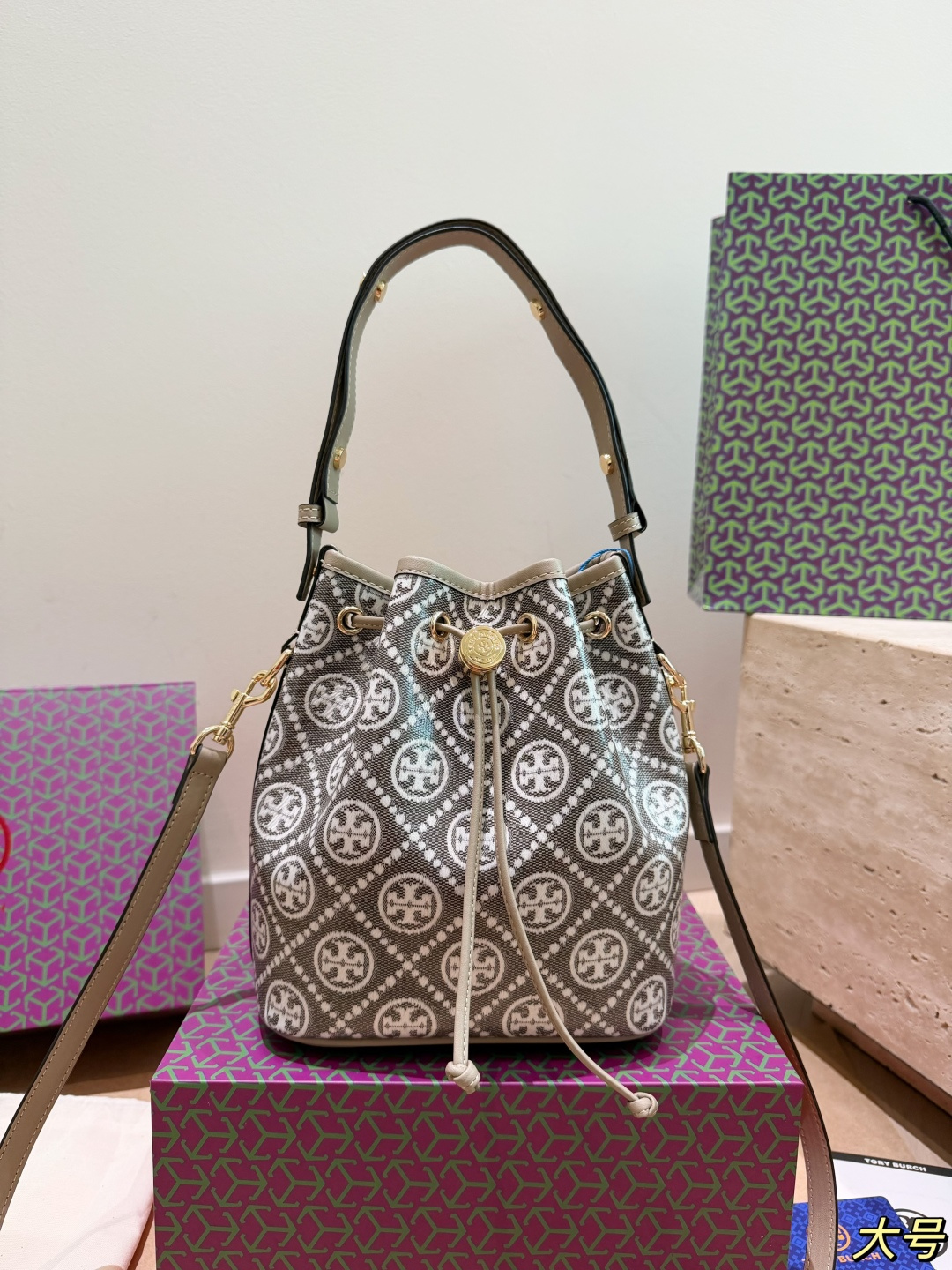 Tory Burch Monogram Drawstring Bucket Bag