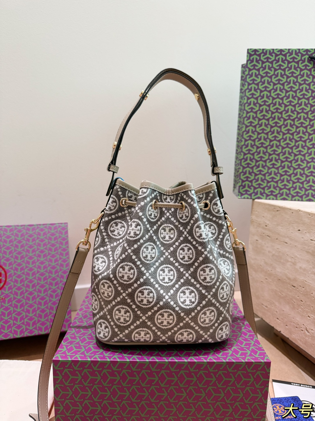 Tory Burch Monogram Drawstring Bucket Bag