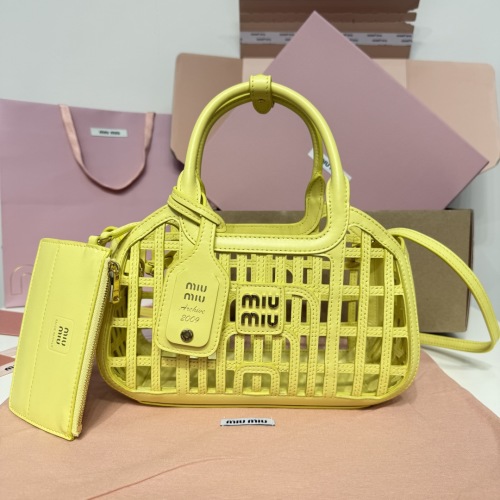 Miu Miu Vanilla Yellow Nappa Leather Handbag With Woven Design - 24 cm 1 Miu Miu Vanilla Yellow Nappa Leather Handbag With Woven Design - 24 cm