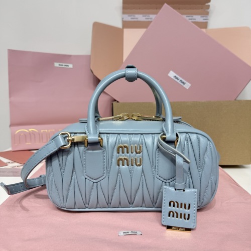 Miu Miu Matelasse Leather Bowling Bag, Top Handle, Detachable Strap, Blue