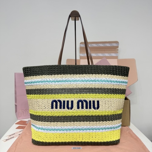 Miu Miu Striped Woven Tote Bag, 40 cm, Multicolor Fabric and Leather Handles