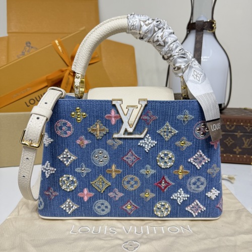 Louis Vuitton Capucines BB Denim Handbag with Embellishments - Chic & Compact 1 Louis Vuitton Capucines BB Denim Handbag with Embellishments - Chic & Compact