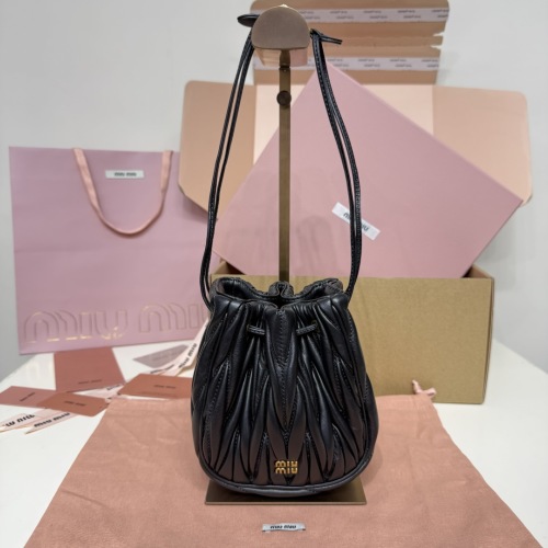Miu Miu Matelassé Leather Bucket Bag with Drawstring Closure - Black