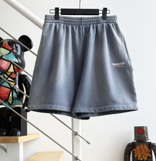 Balenciaga Men's Grey-Blue Gradient Wash Distressed Logo Shorts 2025 Collection