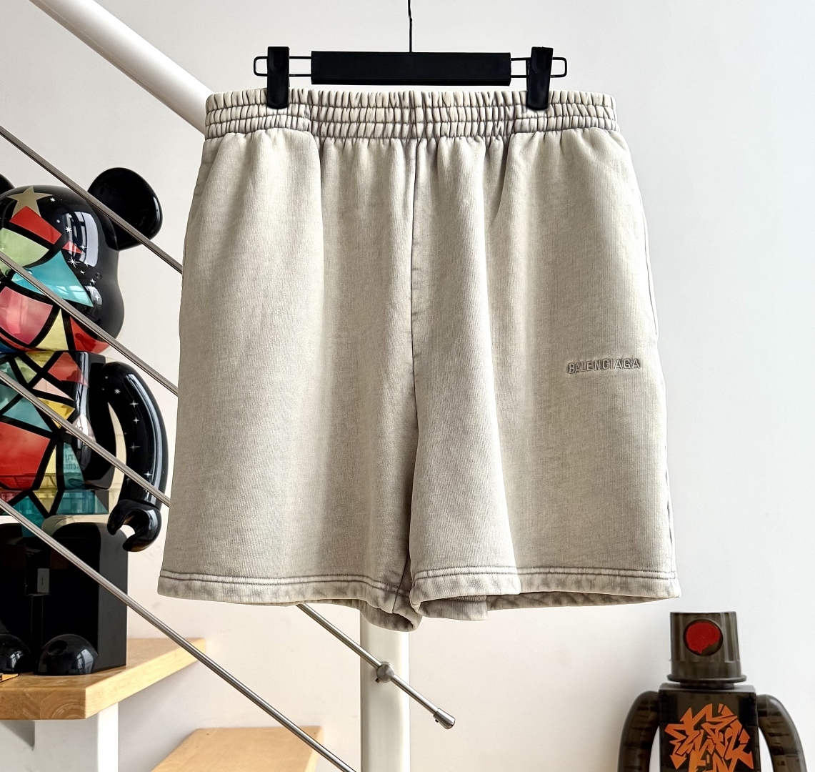 Washed Grey-Beige Embroidered Letter Shorts 2025SS Heavy-Duty Wash