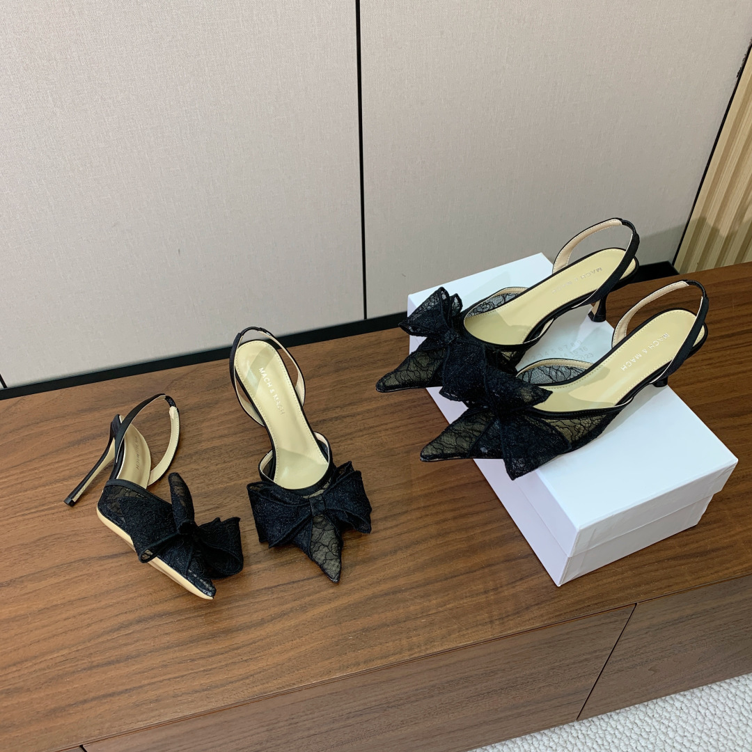 【Mach＆Mach】蝴蝶结蕾丝后空凉鞋。简约气质款式。鞋面蕾丝。羊皮垫脚，真皮大底。有6cm和9cm2