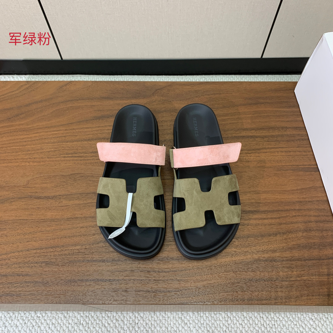 【Herm*s】顶级版本情侣款二舅拖。鞋面进口牛皮、羊京皮、掌纹皮。进口羊皮里，Tpu防滑耐磨大底。原版