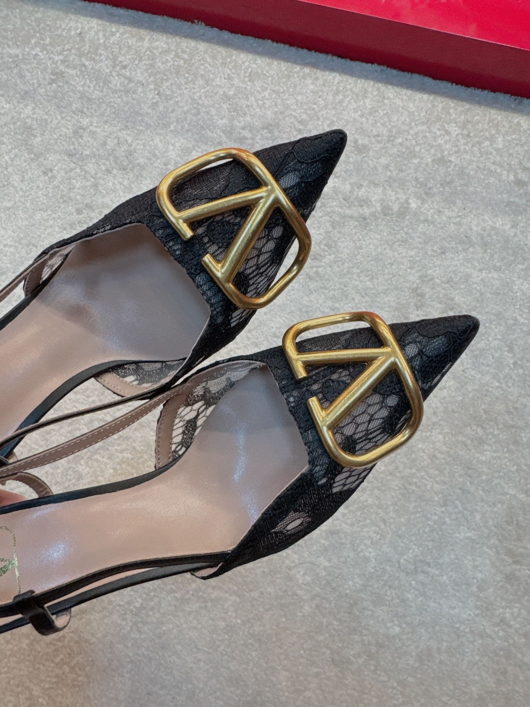 Valentino VLogo Black Lace Pointed Slingback Heels