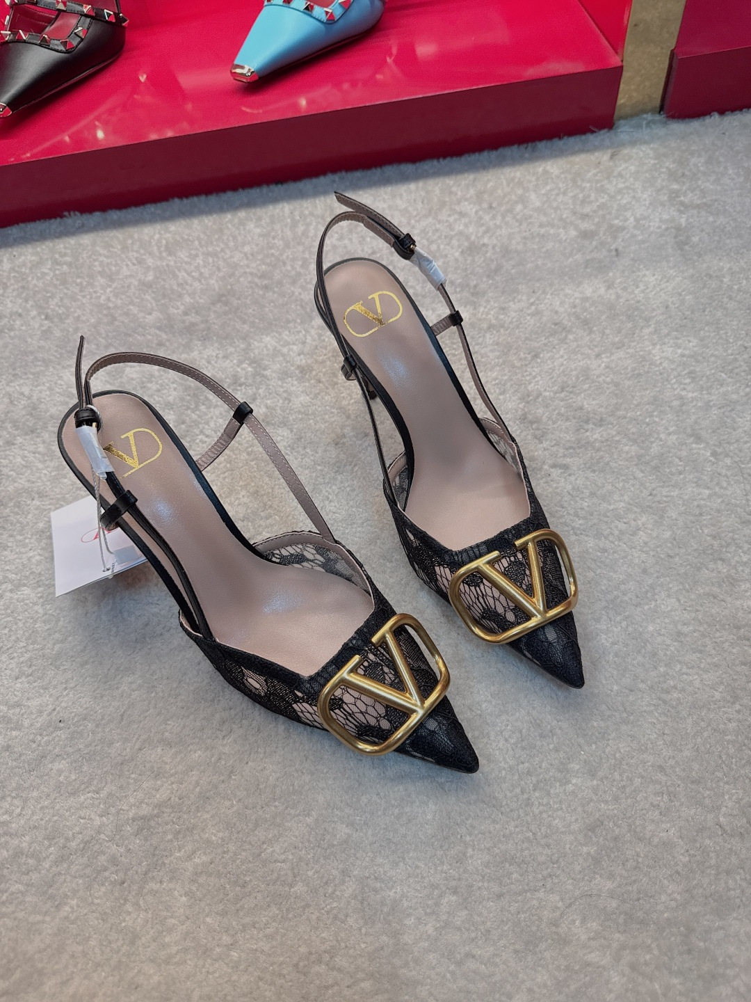 Valentino VLogo Black Lace Pointed Slingback Heels