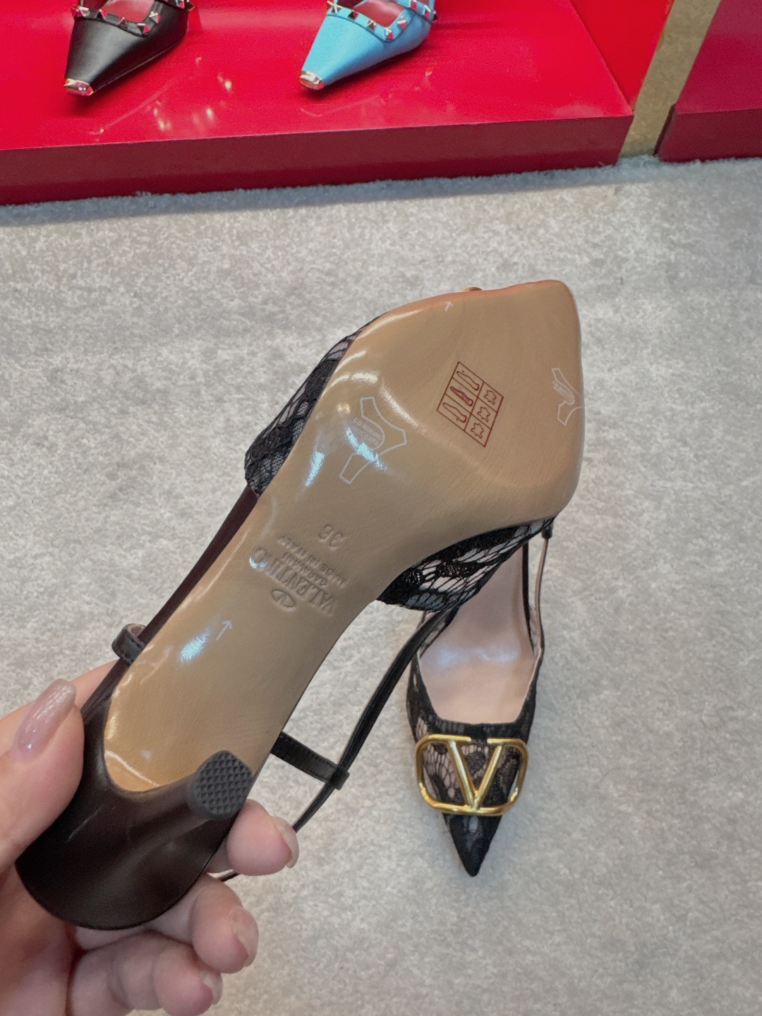 Valentino VLogo Black Lace Pointed Slingback Heels