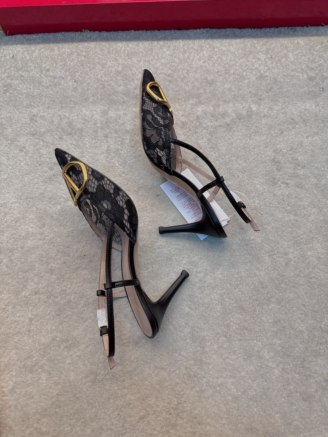 Valentino VLogo Black Lace Pointed Slingback Heels