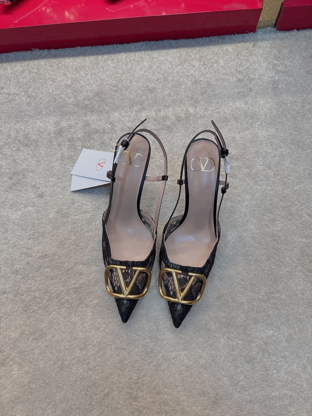 Valentino VLogo Black Lace Pointed Slingback Heels