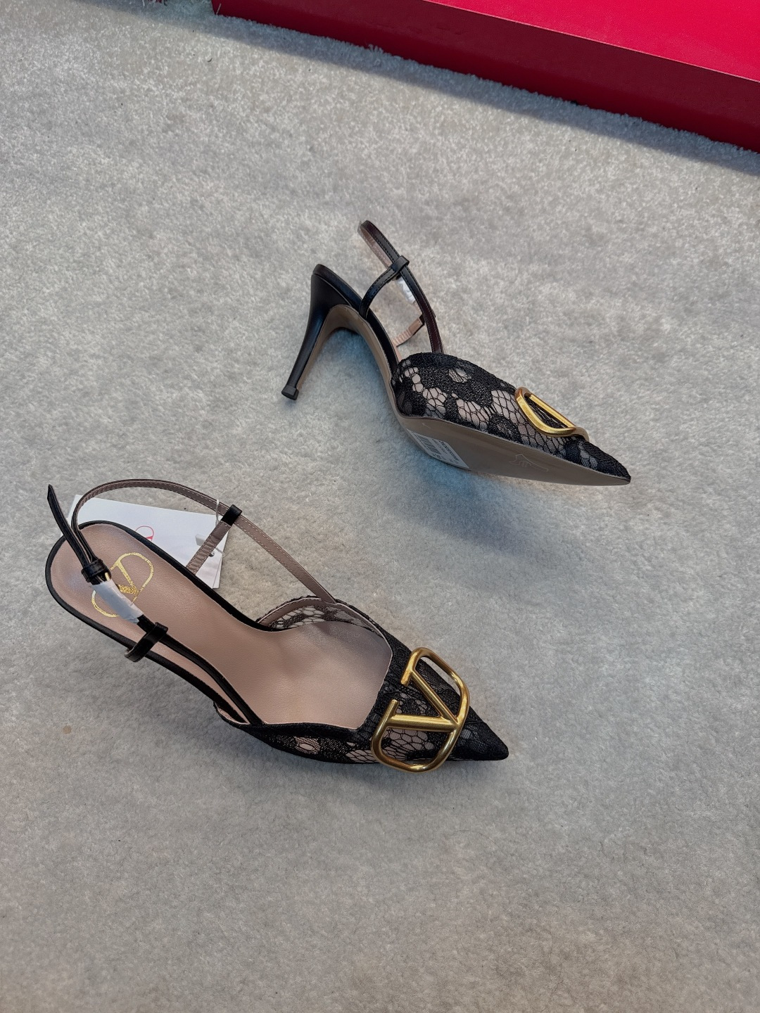 Valentino VLogo Black Lace Pointed Slingback Heels