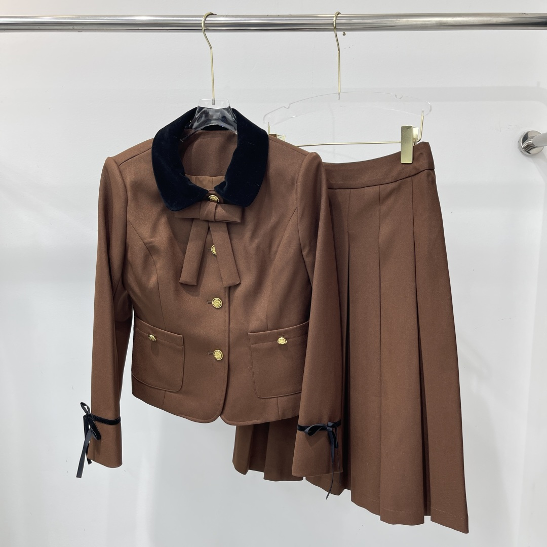 Elegant Women's Brown Blazer and Pleated Skirt Set with Bow Detail