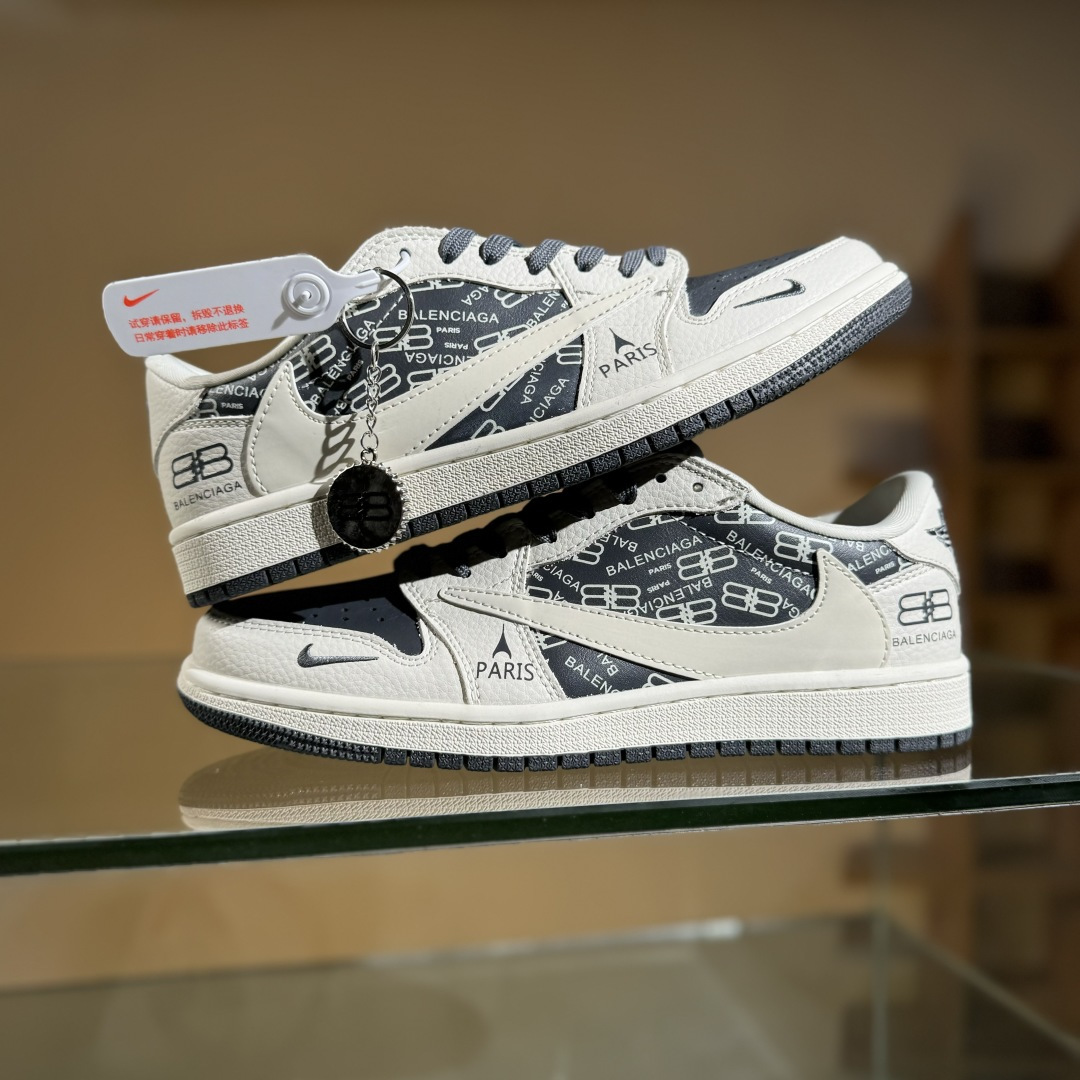 Travis Scott x Fragment Design x Air Jordan 1 Low OG SP AJ1 乔1 巴黎世家联名 米白黑印花 低帮文化休闲板鞋 LD2025-019