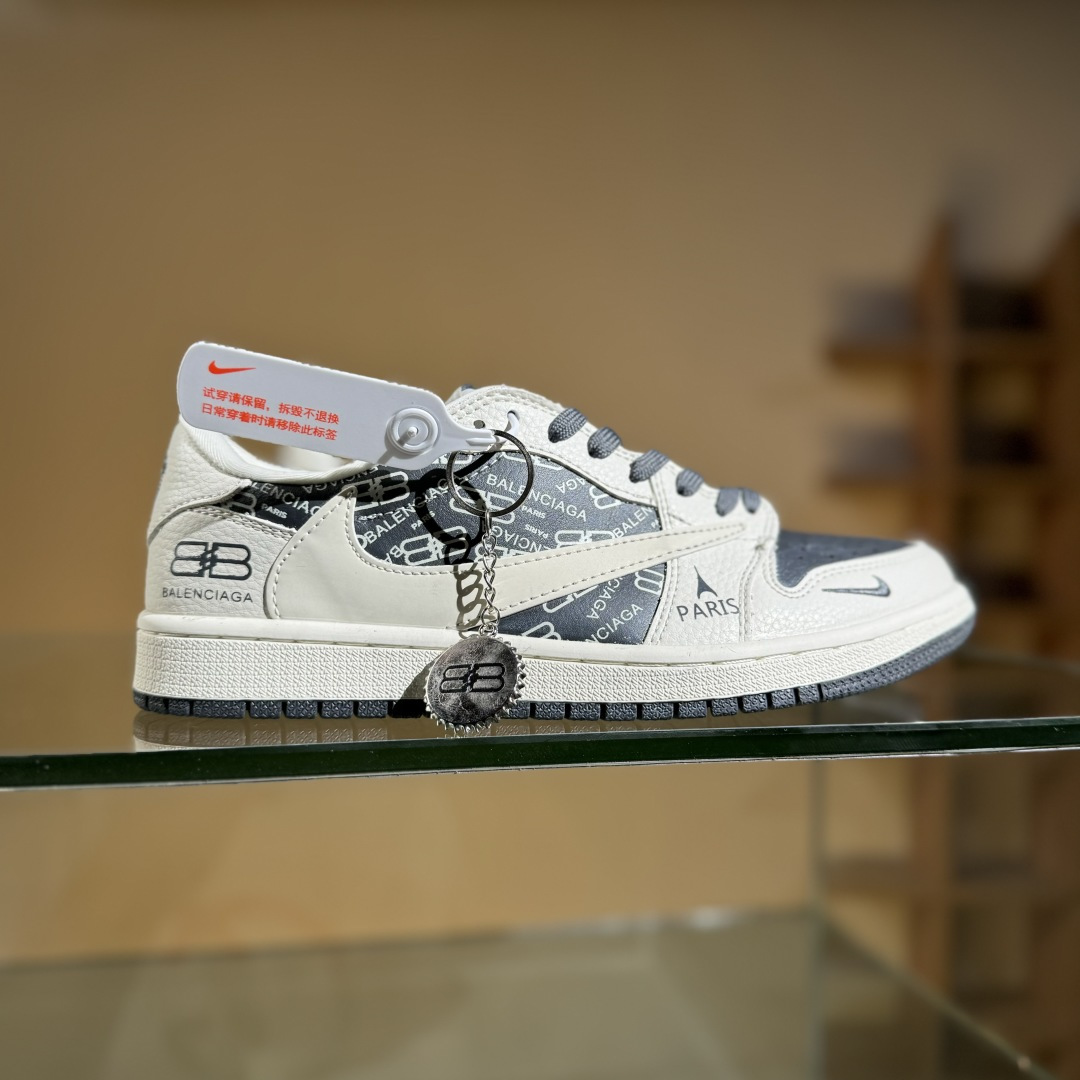 Travis Scott x Fragment Design x Air Jordan 1 Low OG SP AJ1 乔1 巴黎世家联名 米白黑印花 低帮文化休闲板鞋 LD2025-019
