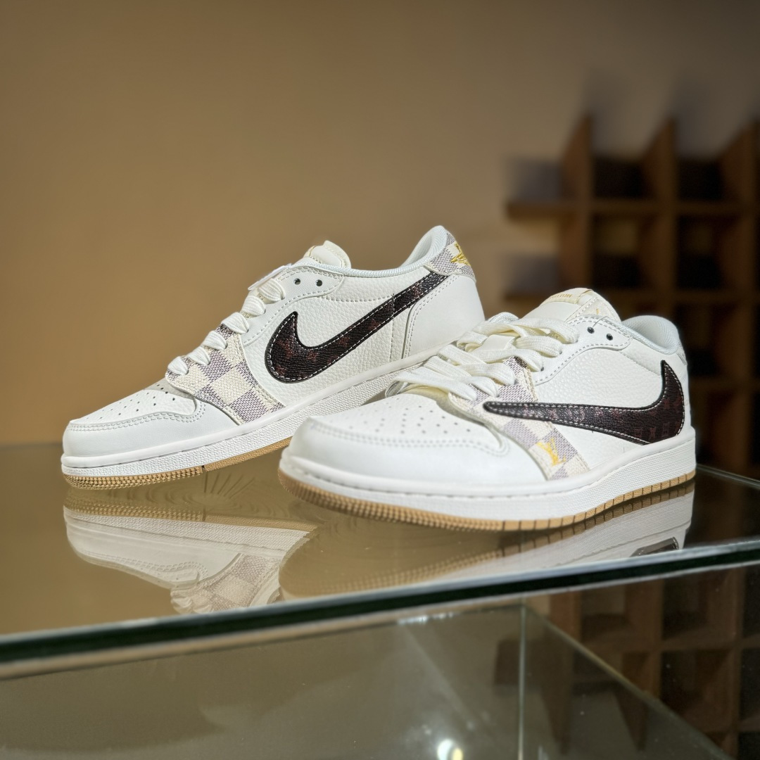 280 Travis Scott x Fragment Design x Air Jordan 1 Low OG SP AJ1 乔1 LV联名 米棕方格 低帮文化休闲板鞋 XS7089-617