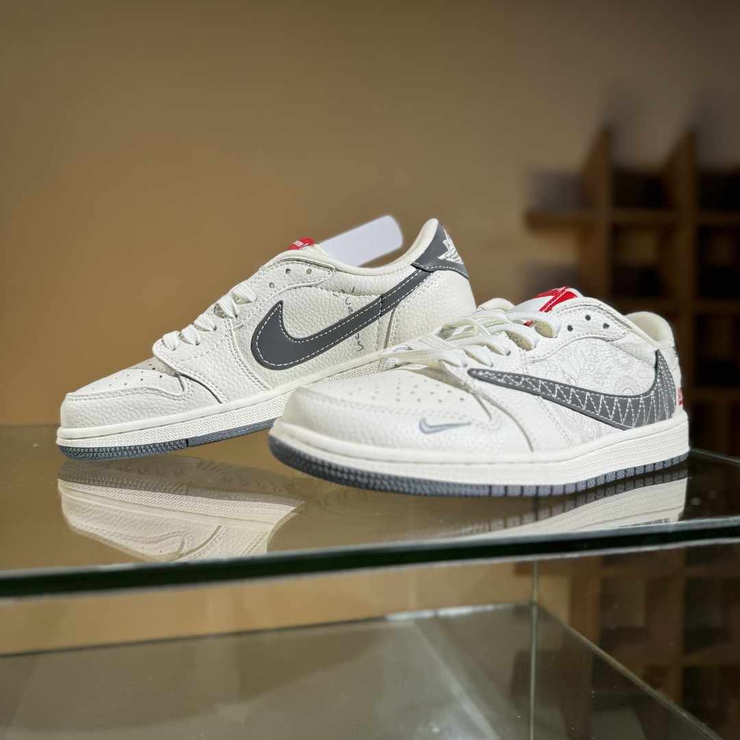 280 Travis Scott x Fragment Design x Air Jordan 1 Low SP AJ1 乔1 Supreme联名 米白暗花 低帮文化休闲板鞋 XS2025-050