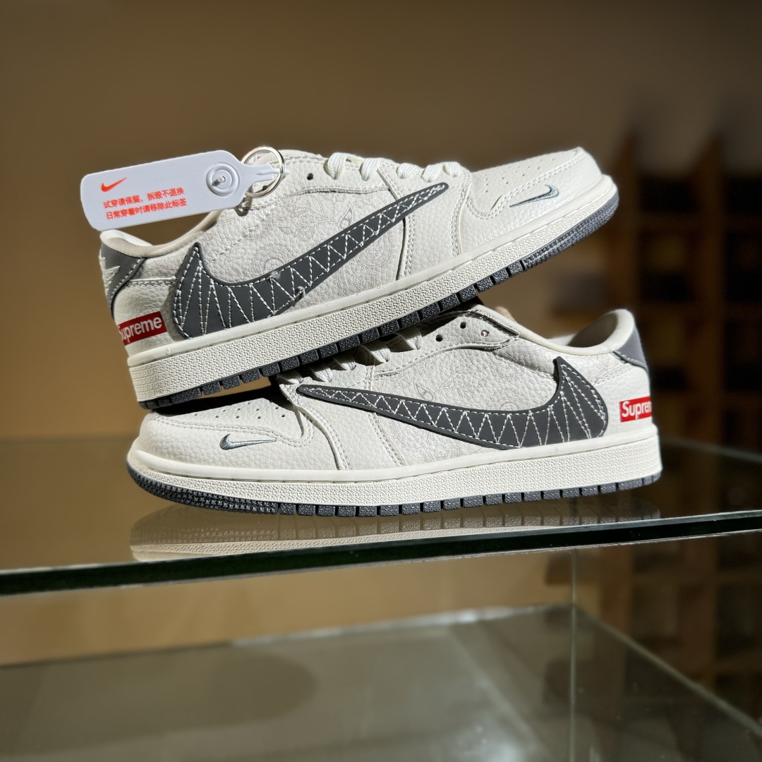 280 Travis Scott x Fragment Design x Air Jordan 1 Low SP AJ1 乔1 Supreme联名 米白暗花 低帮文化休闲板鞋 XS2025-050