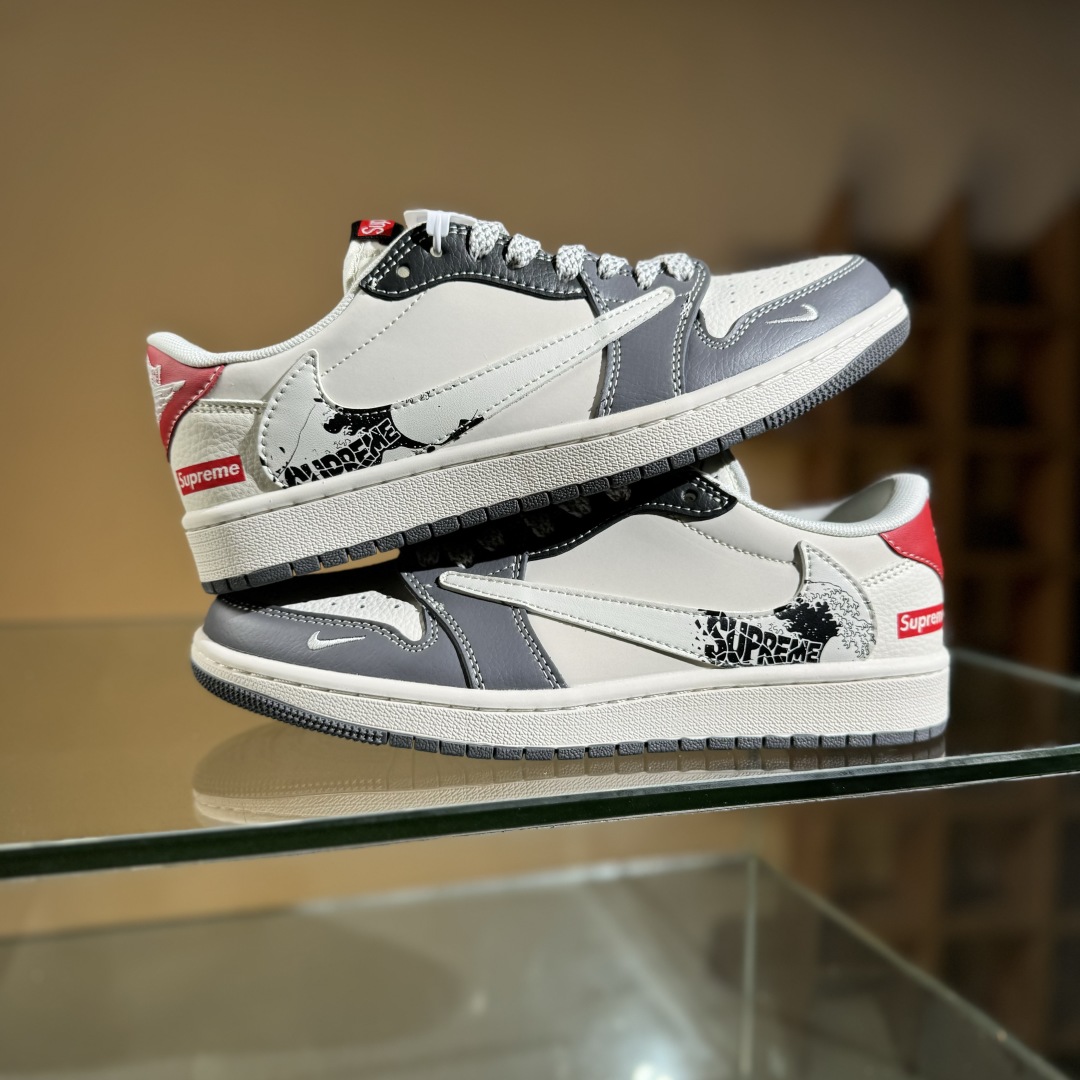 280 Travis Scott x Fragment Design x Air Jordan 1 Low SP AJ1 乔1 Supreme联名 米灰黑红尾 低帮文化休闲板鞋 QW5088-201