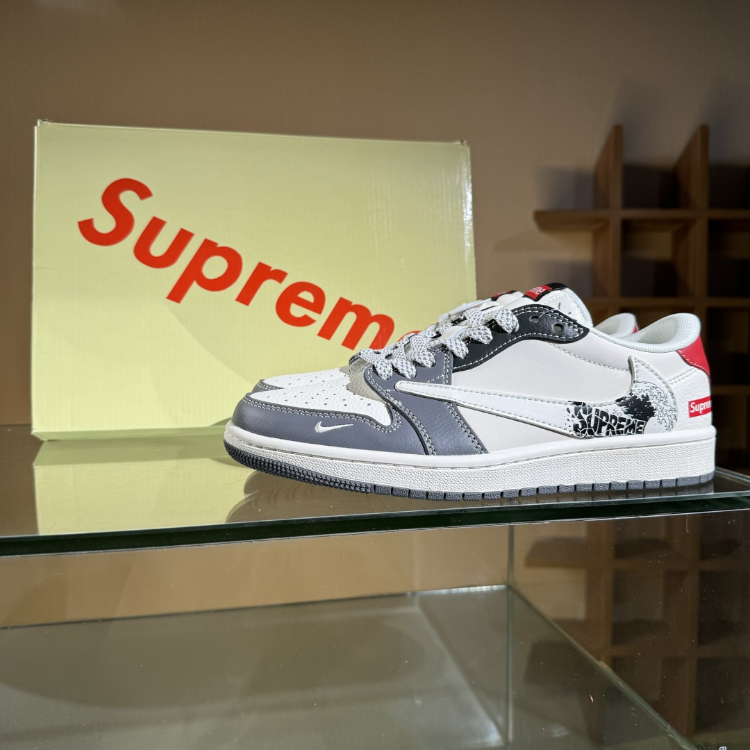 280 Travis Scott x Fragment Design x Air Jordan 1 Low SP AJ1 乔1 Supreme联名 米灰黑红尾 低帮文化休闲板鞋 QW5088-201