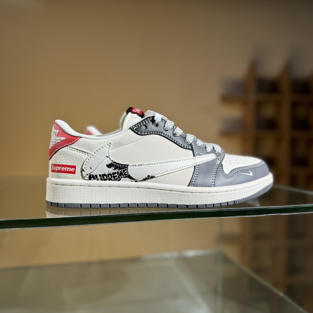 280 Travis Scott x Fragment Design x Air Jordan 1 Low SP AJ1 乔1 Supreme联名 米灰黑红尾 低帮文化休闲板鞋 QW5088-201