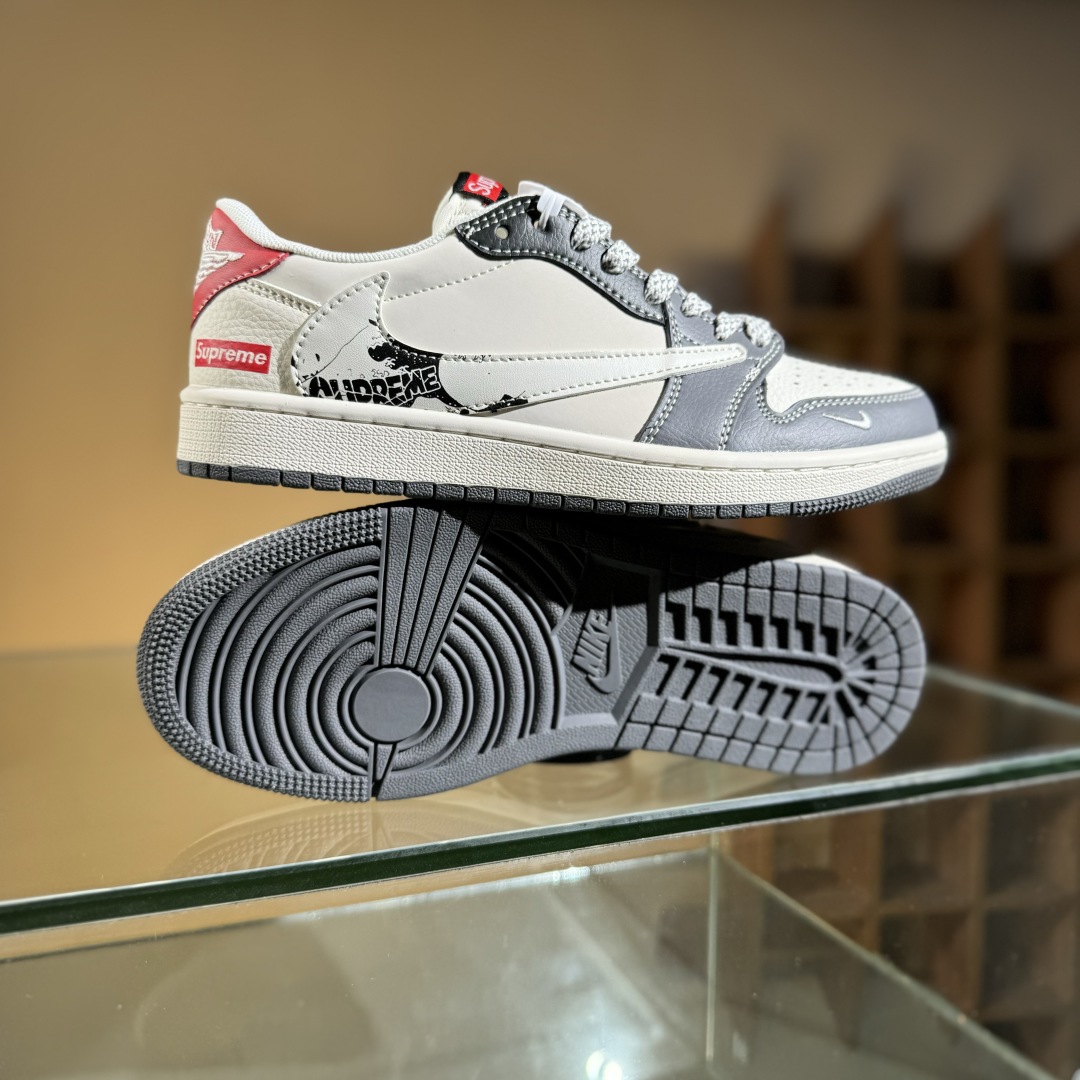 280 Travis Scott x Fragment Design x Air Jordan 1 Low SP AJ1 乔1 Supreme联名 米灰黑红尾 低帮文化休闲板鞋 QW5088-201