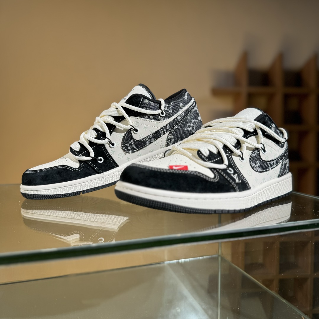 300 Air Jordan 1 Low AJ1 乔1 LV联名 黑脚趾抽绳 高端定制 低帮复古篮球鞋 YX5066-383